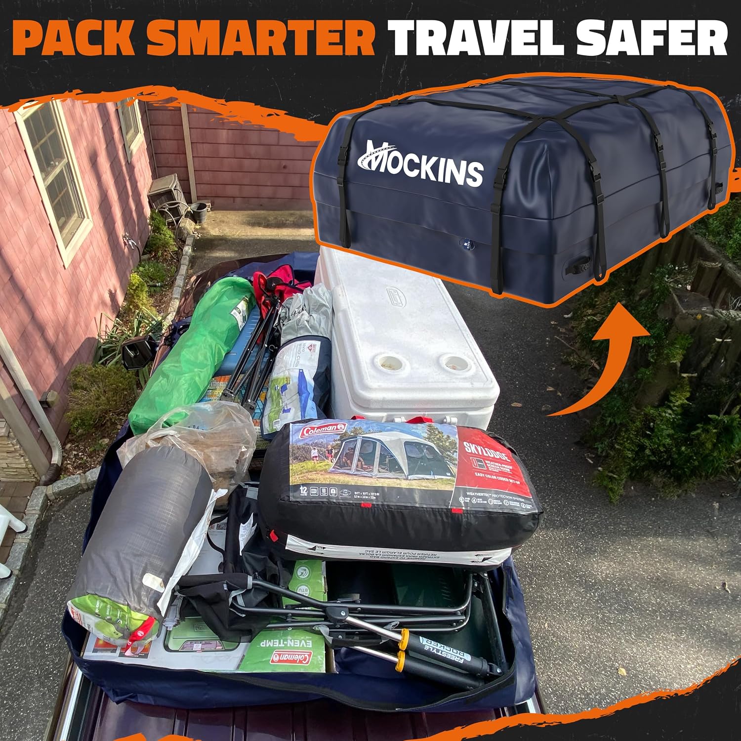 Mockins 30 Cu Ft Navy Blue Rooftop Cargo Carrier Bag | 60"x43"x20" Heavy Duty Car Top Carrier Without Roof Rack | Waterproof Soft Roof Cargo Bag for Top of Car Storage w/Mat, Lock, Hooks & Straps