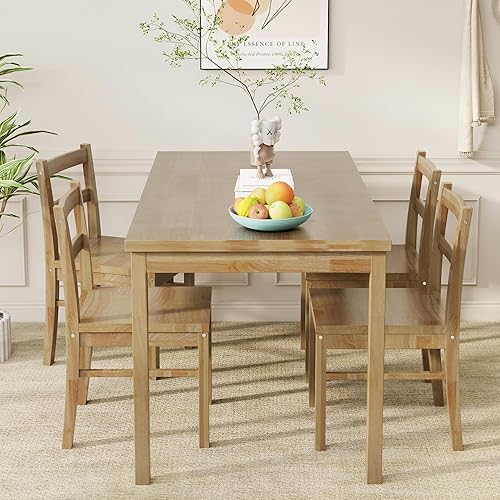 43.3 inch Solid Wood Indoor Modern Rectangular Dining Table Set for 4, Table and 4 Solid Wood Dining Chairs for Kitchen, Bar, Living Room, Breakfast Nook, Natural