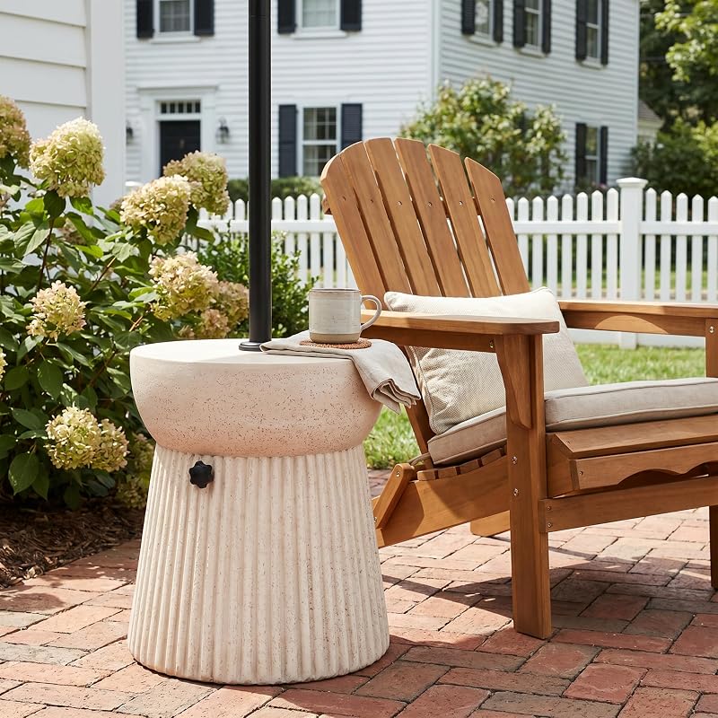 Christopher Knight Home Xanthe Base de sombrilla para mesa auxiliar de patio al aire libre MGO de 16.81 pulgadas, soporte para sombrilla de patio acanalado estriado, base para exteriores con perilla de apriete manual, mesa de centro pequeña para patio, color beige