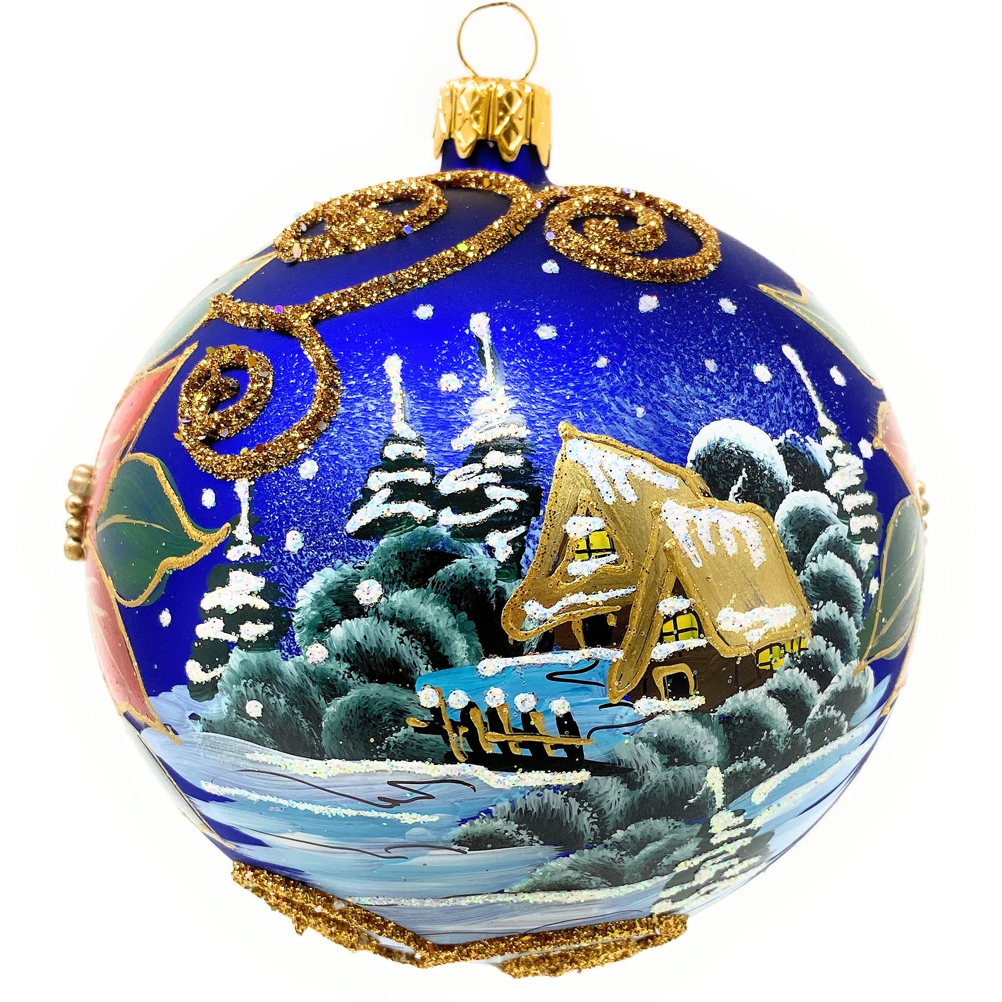 Polish Gallery Christmas Ornament, Wintry Day with Red Poinsettia, Blown Glass Ball (Navy Blue, 120mm)