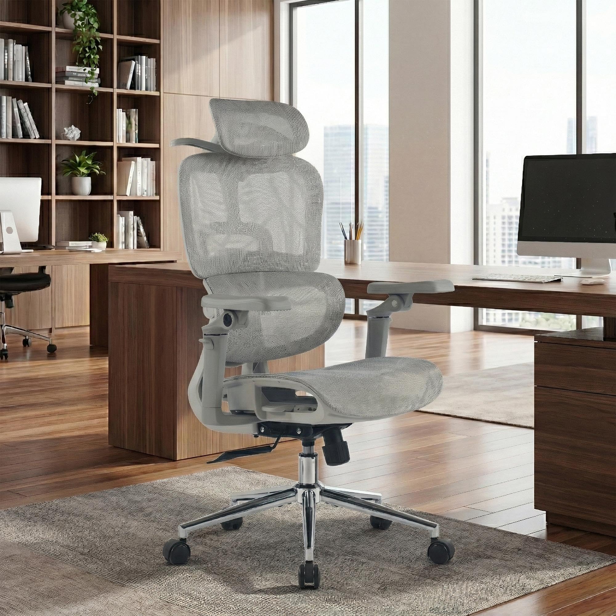 CLP Silla Oficina Ergonómica Jenson con Reposacabezas, Silla Escritorio Altura Regulable, Respaldo Reclinable 135o, Soporte Lumbar Color:Gris