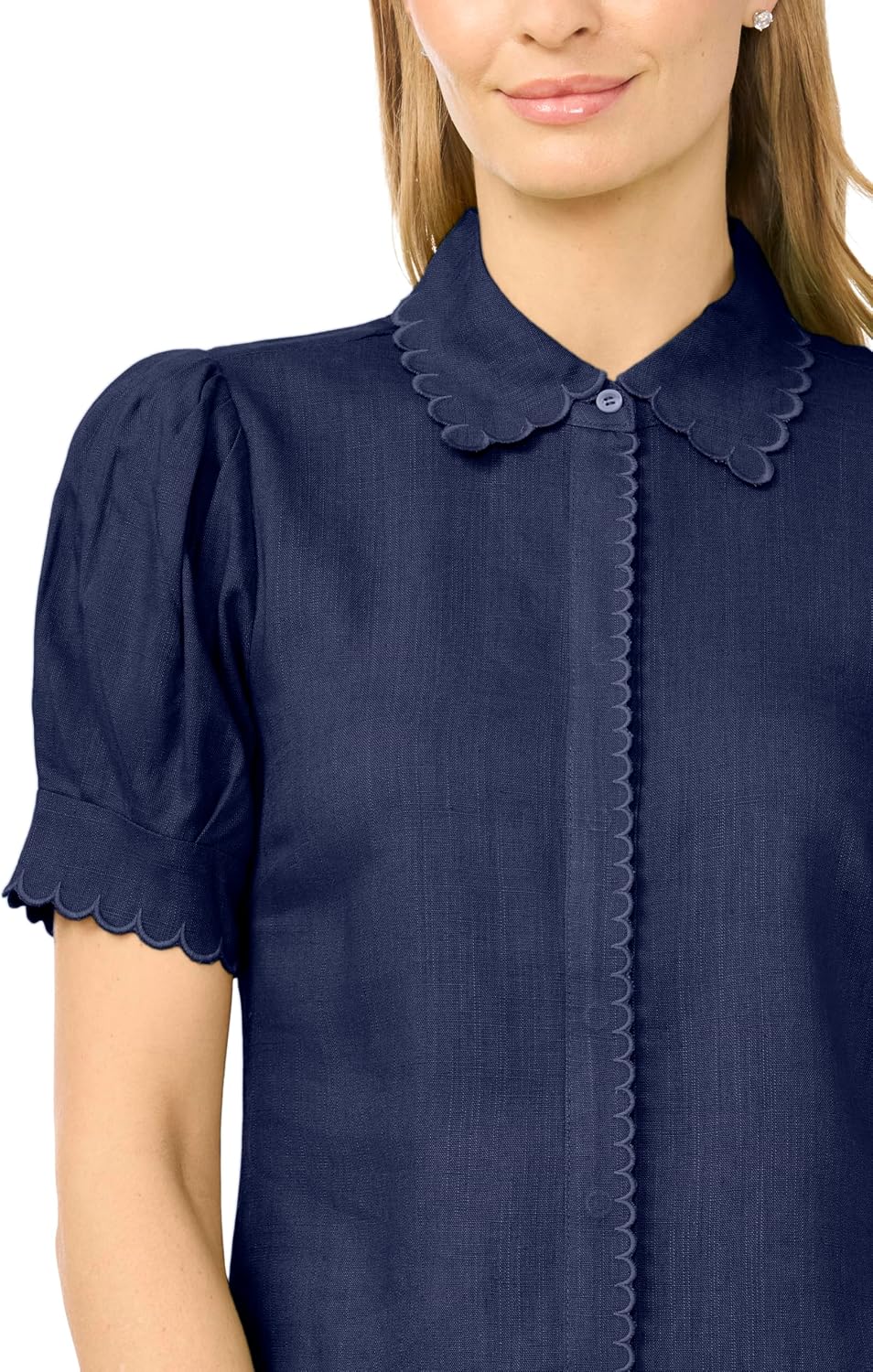 CeCe Women's Short Sleeve Scallop Trim Button Up Top