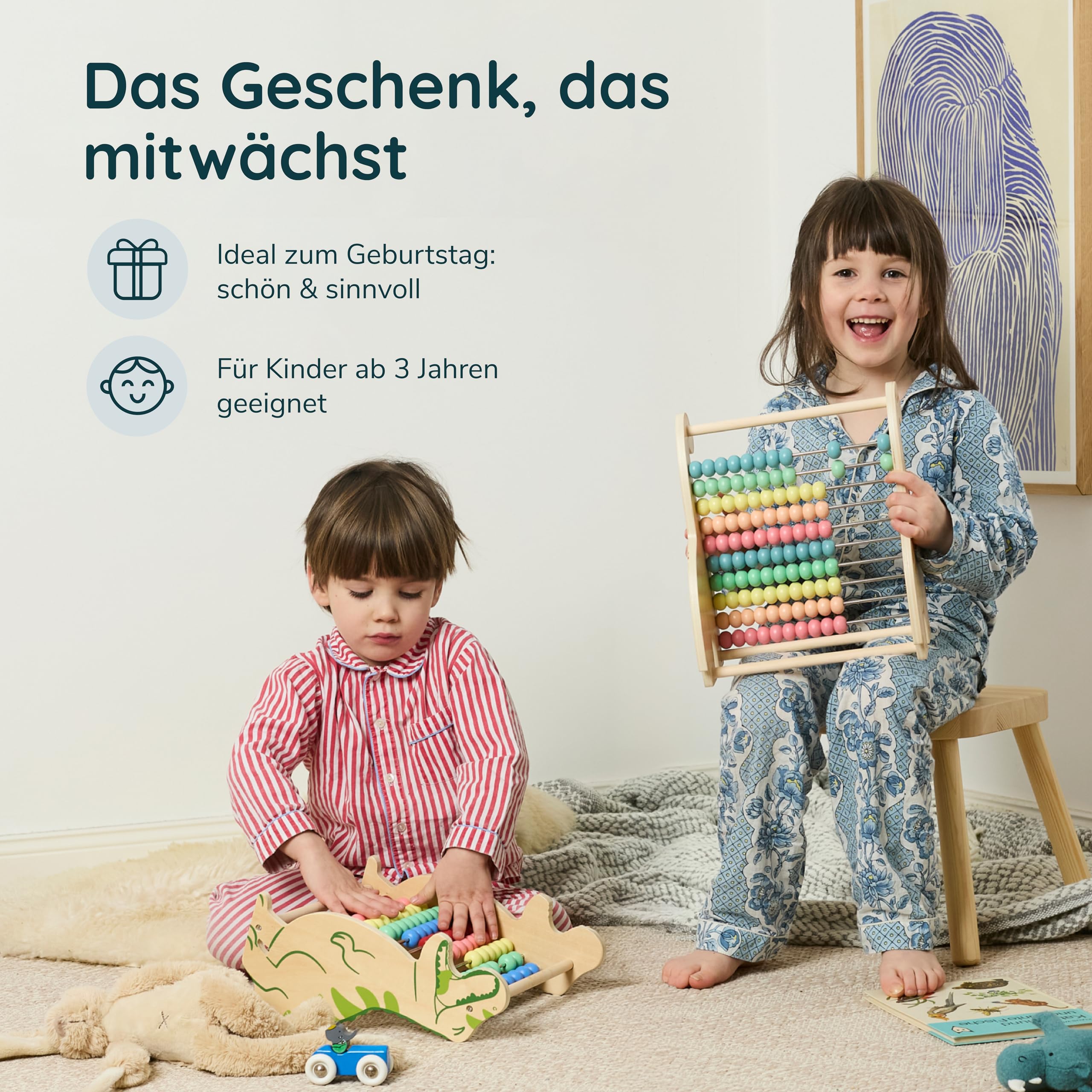 Twig & Leaf Rechenschieber für Kinder aus Holz, Dinosaurier Abakus Montessori Spielzeug zum Rechnen & Zählen Lernen, Zählrahmen 1. Klasse & Vorschule, Nachhaltiges Lernspielzeug aus Holz & Metall