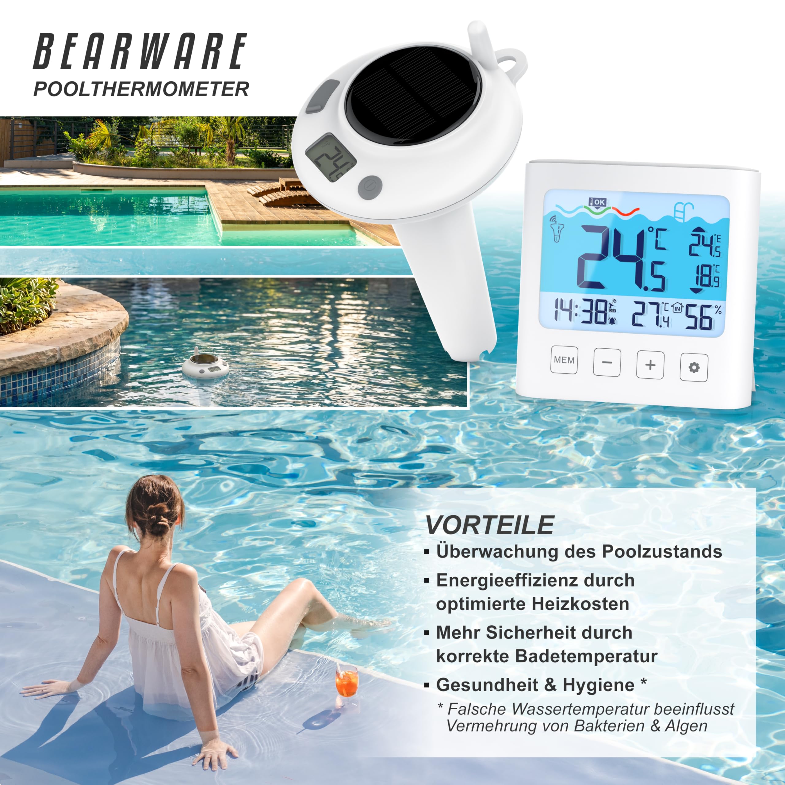 CSL – Funk Poolthermometer mit Display – Solar - Temperaturanzeige – Luftfeuchtigkeit – Innen- & Außentemperatur - Pool Schwimmbecken Schwimmbad Whirlpool - Pool Thermometer