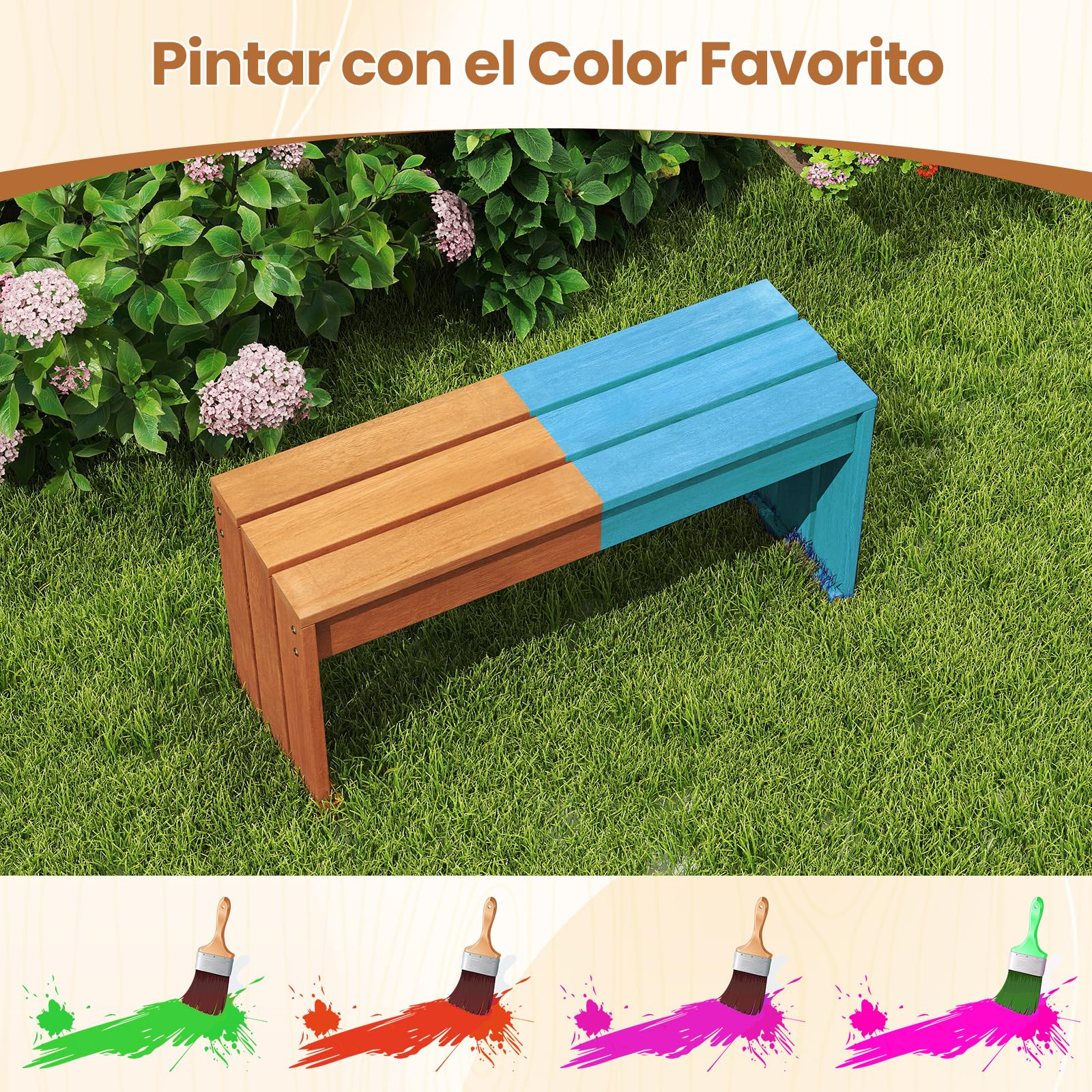COSTWAY Banco Exterior Jardín, Banco de Madera Maciza sin Respaldo de 2 Plazas, Mesa Auxiliar, Soporte para Plantas Patio Terraza Balcon Porche Entrada, 200 kg, 90 x 30 x 44 cm