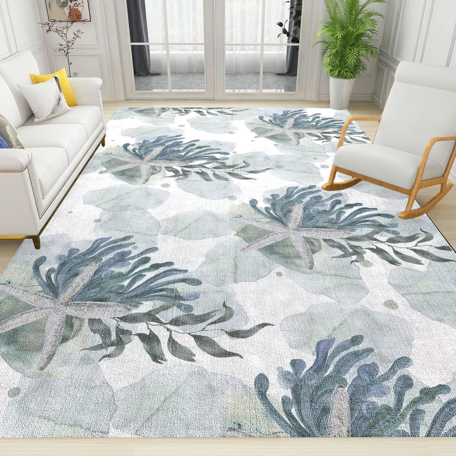BSIKIE Nautical Coastal Beach Themed Area Rug, Starfish Seaweed Coral Pattern Indoor Non Slip Large Area Rugs, Machine Washable Breathable Durable