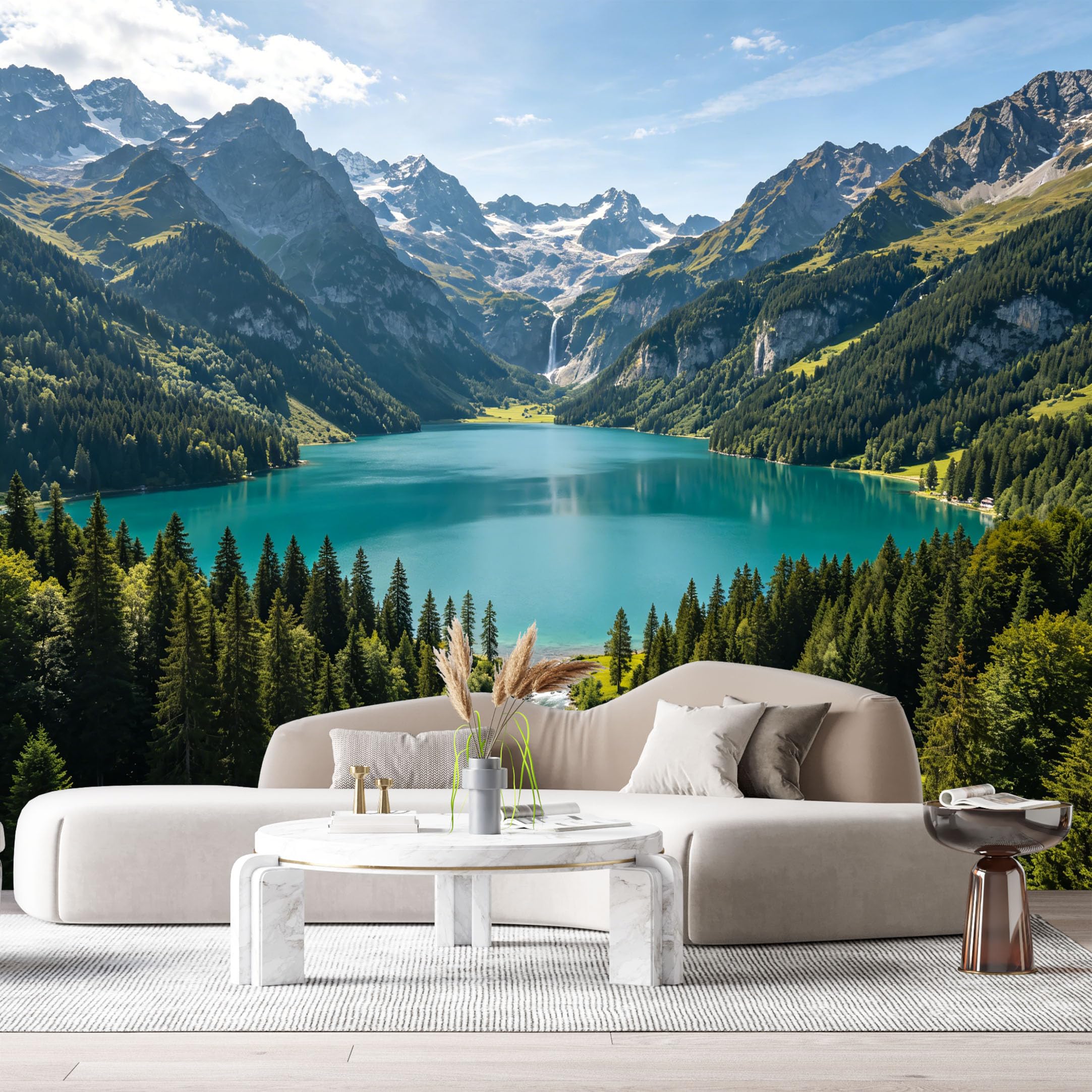 Custom Size Wall Murals Mountain Lake Landscape Waterfall Pine Tree Forest SelfAdhesive Wall Fabric Removable Large Wallpaper for Photo Living Room Interior Decor
