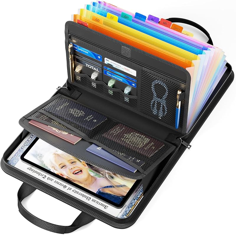Organizador de documentos ignífugo - Carpeta de archivos en forma de acordeón de 13 bolsillos con asa y etiquetas - Tamaño A4 ampliable, negro