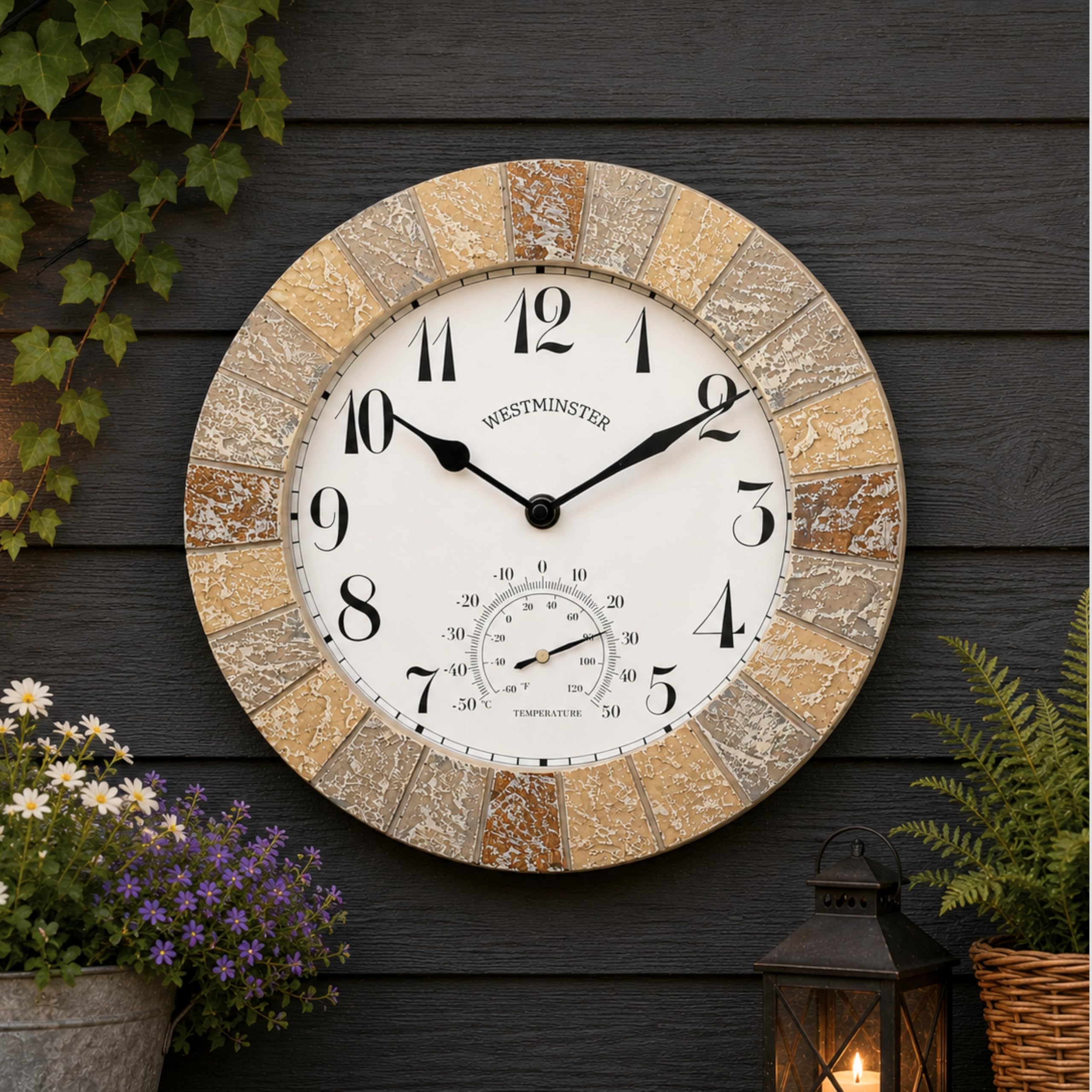 Homezone Westminster 10In Clock 10" Brick Effect Garden Clock & Thermometer - Large Battery Operated Wall Clock Water Resistant Resin With Temperature Gauge - Durable Quartz Clock For Indoor & Outdoor Garden Decoration