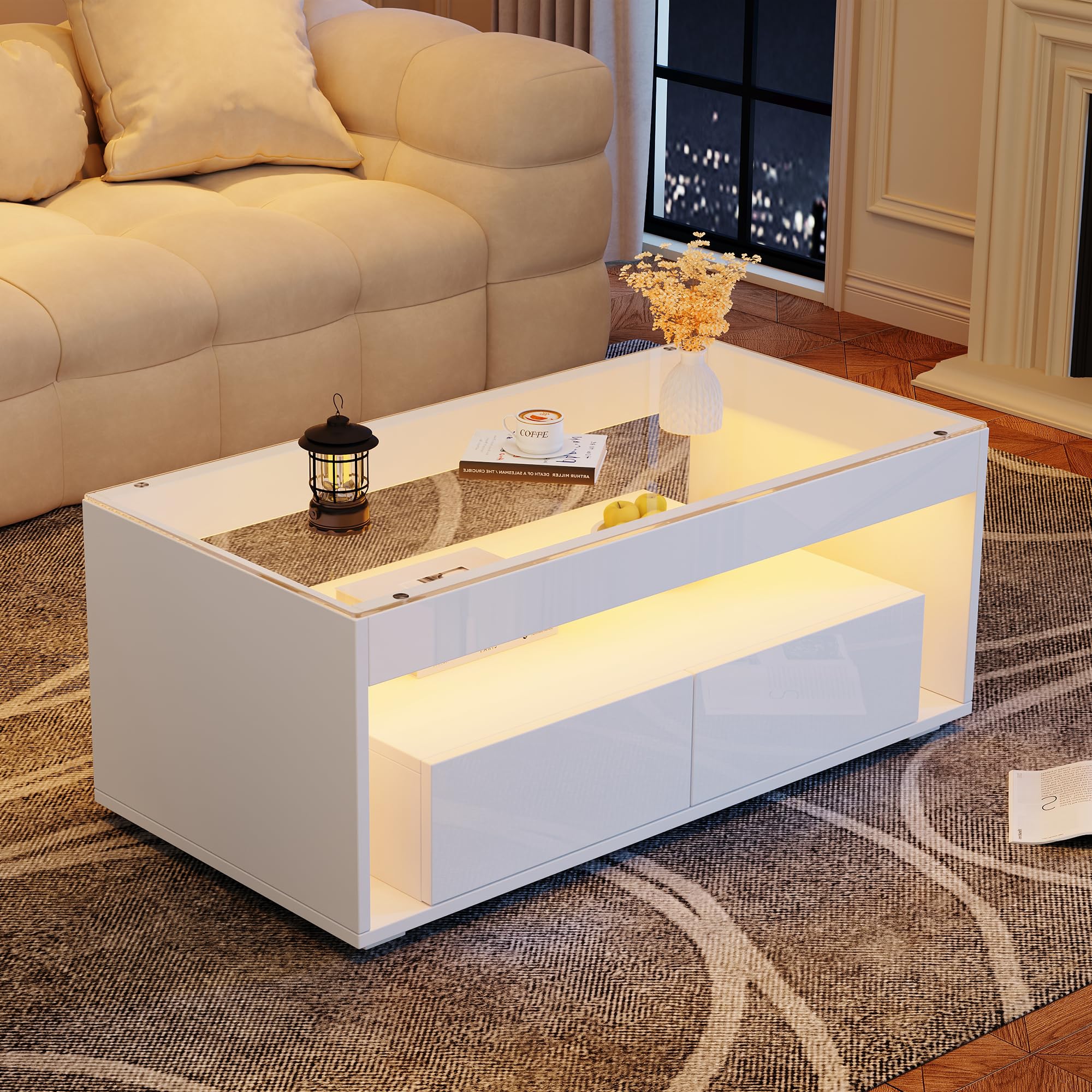Rechteckiger Couchtisch, Couchtisch Glas, Wohnzimmertisch, Sofatisch, Kaffeetisch mit LED-Licht & 2 Großen Schubladen, Doppelschichtiges Design, Hochglanz, 100×50×40cm (Weiß)