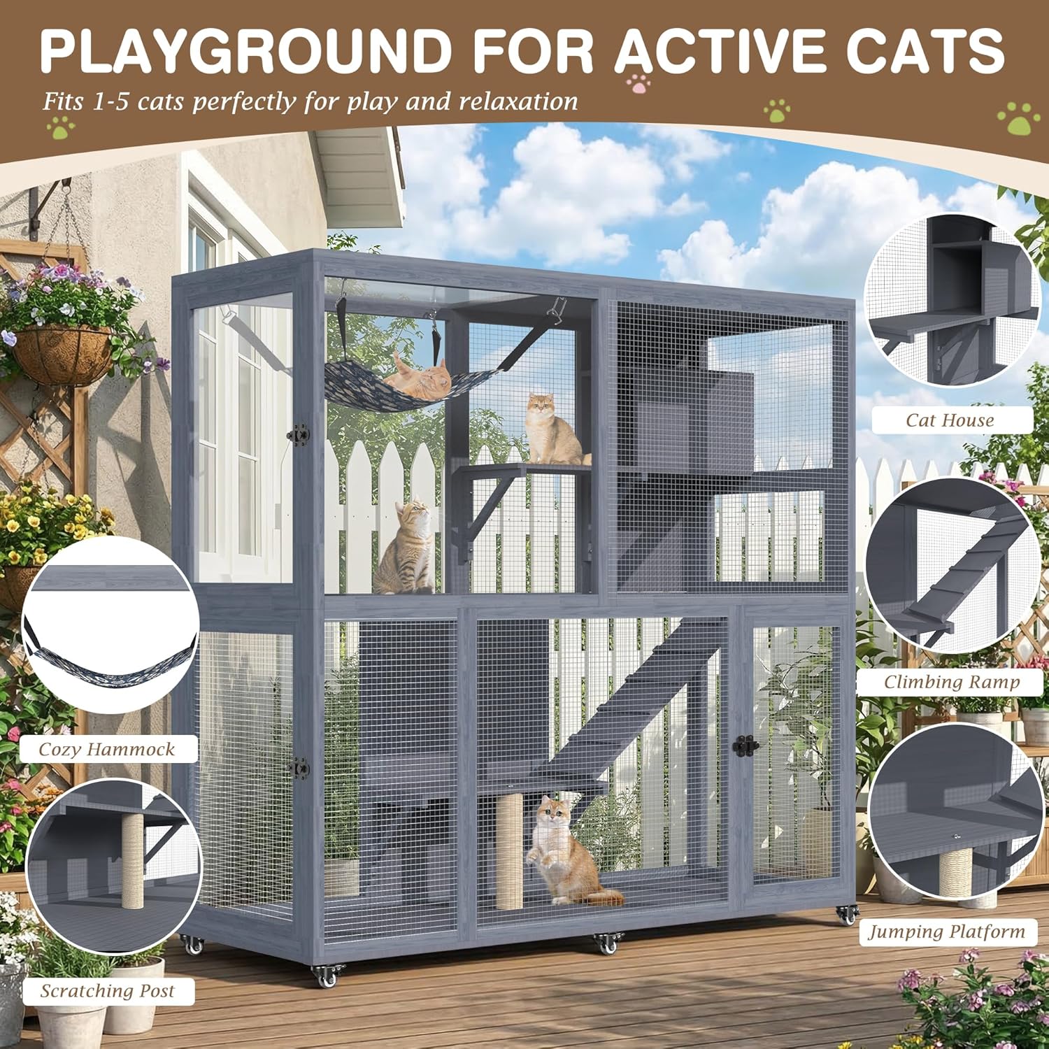 TITIMO 4-Tier Catio Cat Enclosure Outdoor, Portable Cat House Cage for Multiple Cats Indoor, Wood Kitty Condo w/Waterproof Roof Wheels Platforms Hammock Scratching Post for Sunbathing Playing (Grey)