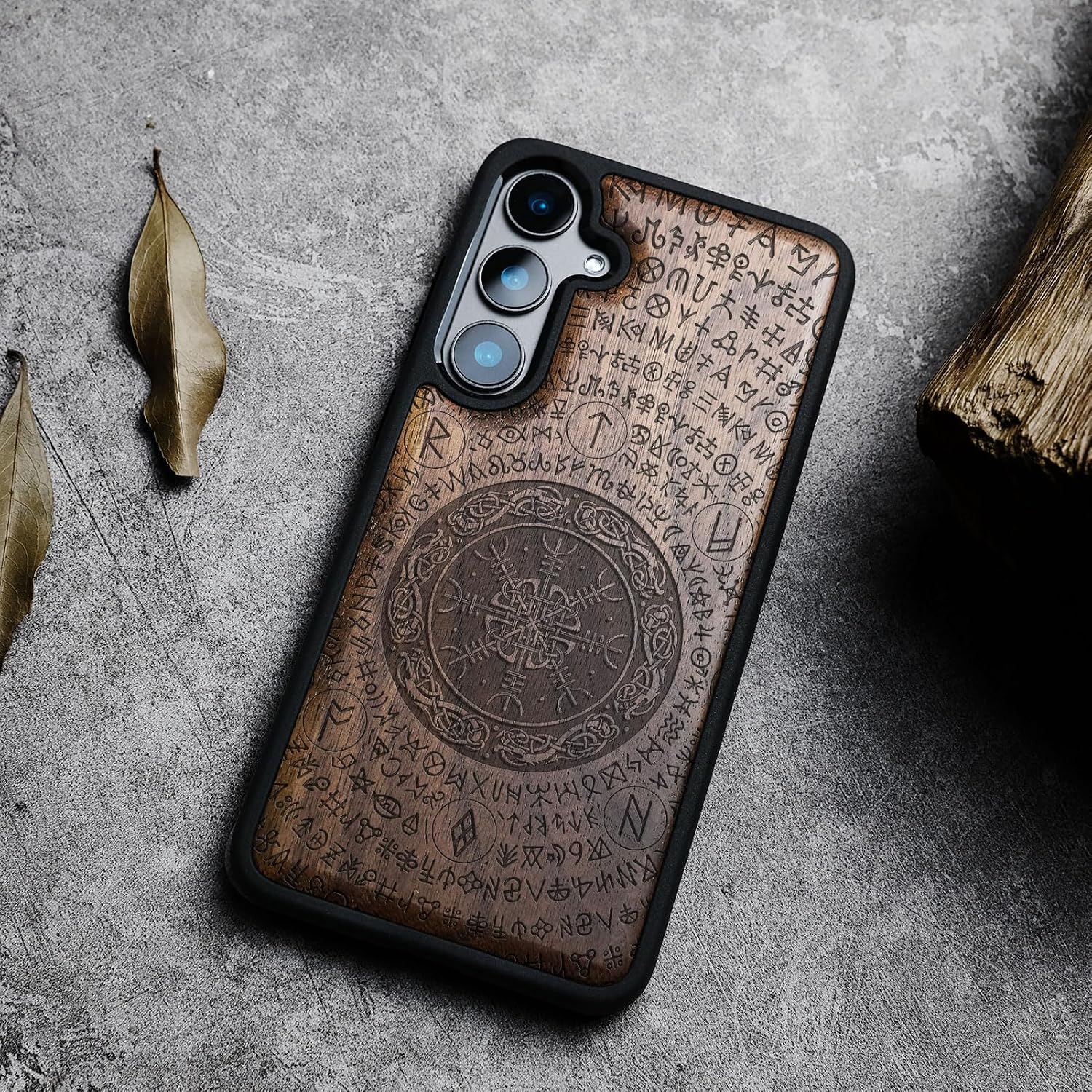 Carveit Wood Case for Galaxy S24 Plus Case [Natural Wood & Black Soft TPU] Shockproof Protective Cover Unique Wooden Design Compatible with S24 Plus (Viking Symbol-Walnut)