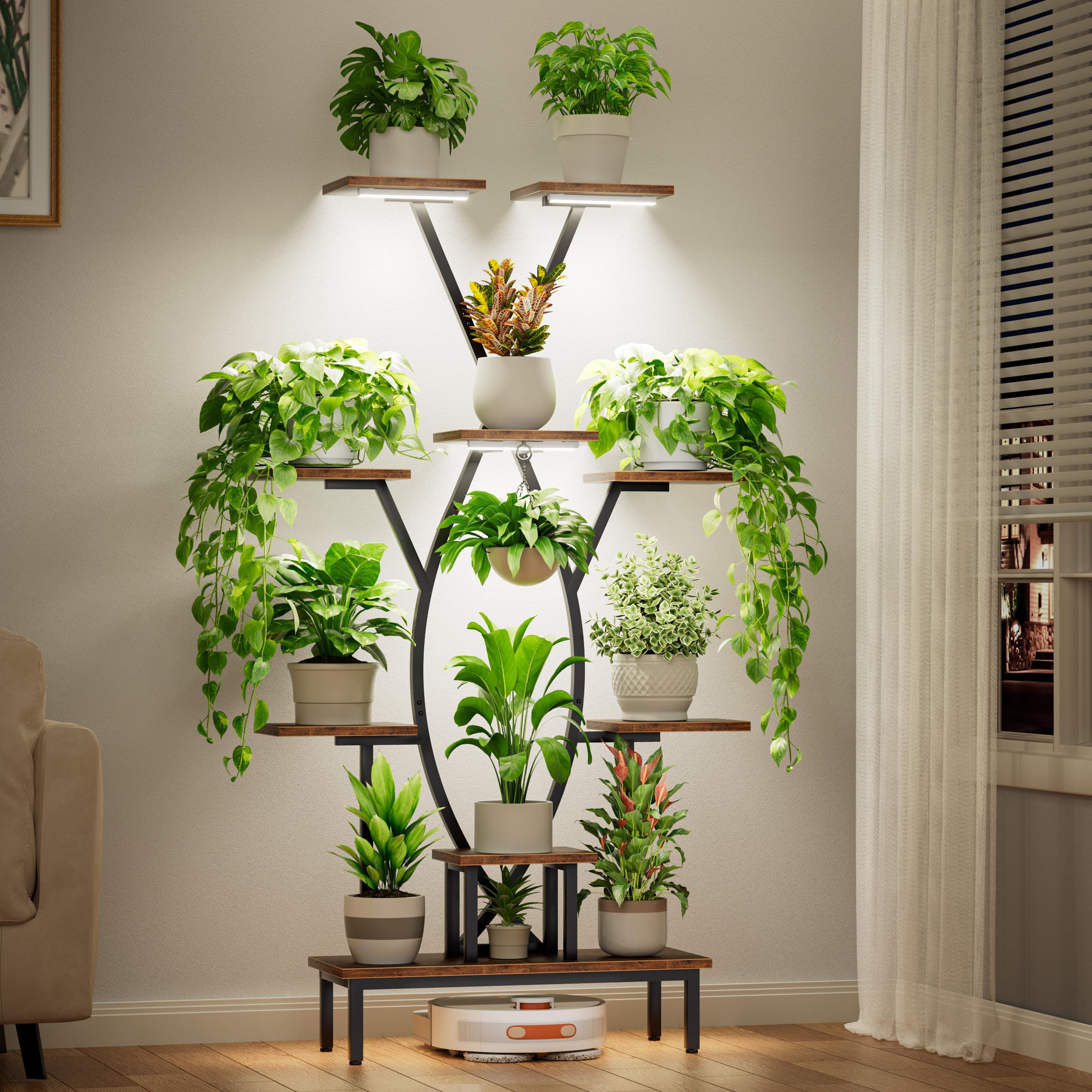 JUSTOGO 9-Tier X-Shape Plant Stand with Grow Lights