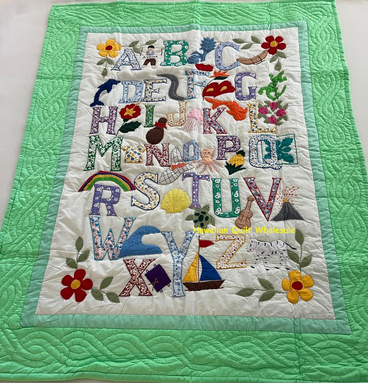 Hawaiian Style Quilt ABC Comforter Baby Crib Blanket Wall Hanging, Hand Quilted and Machine Appliqued