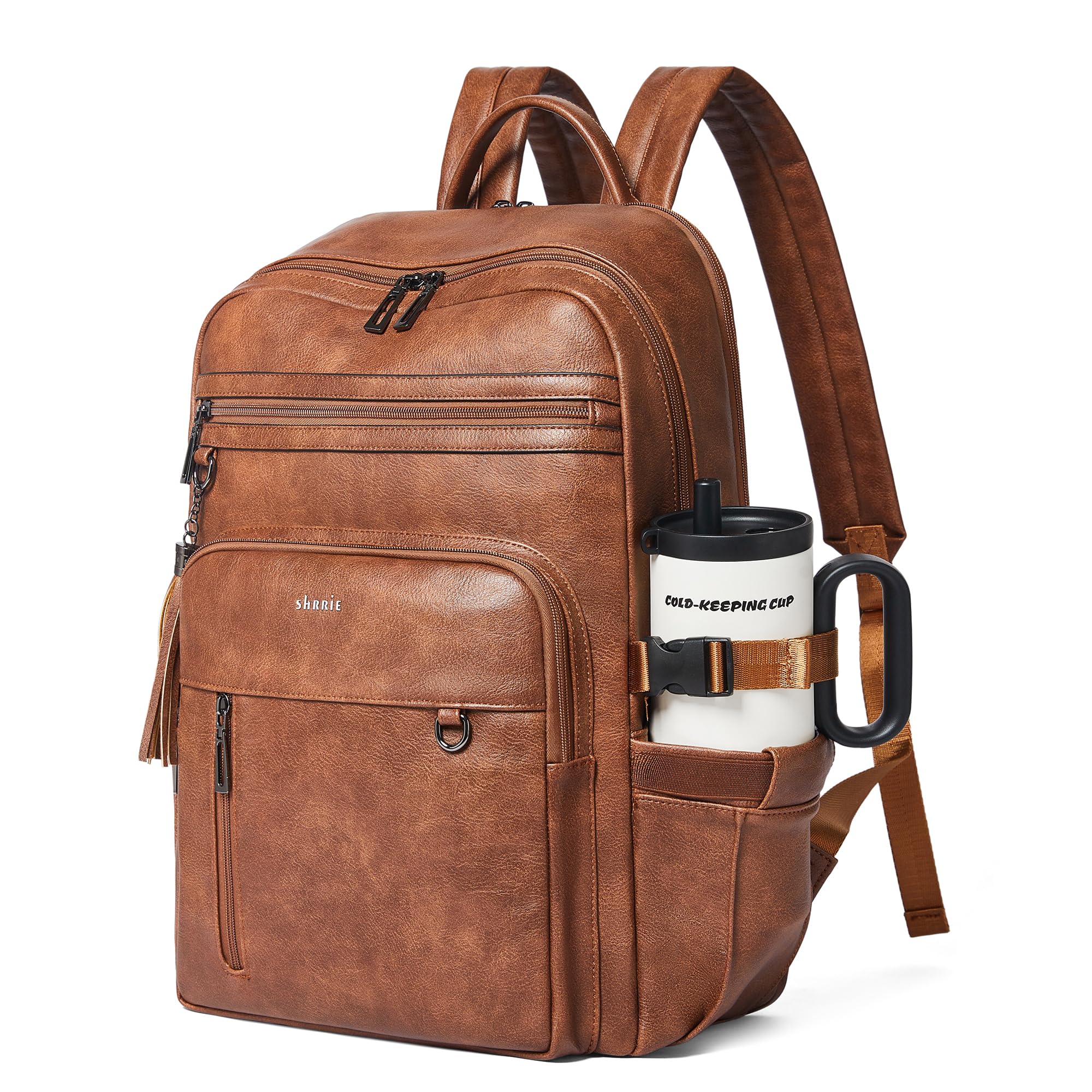Shrrie Sac à dos pour ordinateur portable en cuir végan pour femmes, 17 pouces Sac a dos pour Travail commerce université voyages enseignant infirmière avec Poche antivol et grand porte-gobelet géant