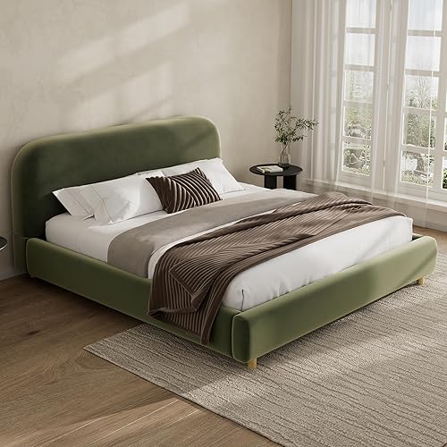 Miniatura 8 de Cama de plataforma tapizada en forma de curva con cabecera curva, marco de cama de madera tamaño Queen para niños y adultos, muebles de dormitorio,