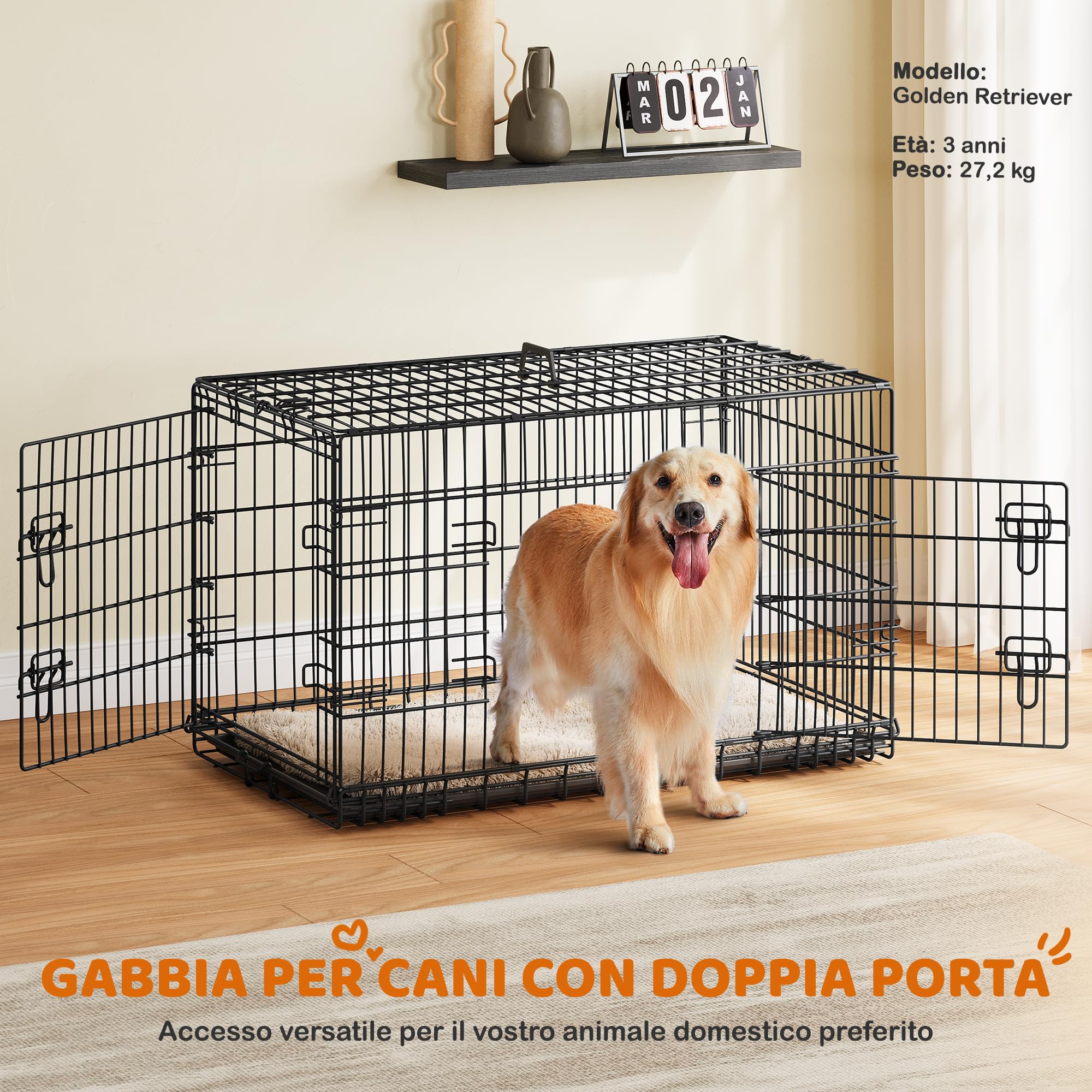 Yaheetech Gabbia per Cani Gatti Kennel in Metallo Cuccioli Pieghevole con Vassoio Rimovibile Doppia Porta e Divisorio Regolabile 107 × 60 × 66 cm Nero