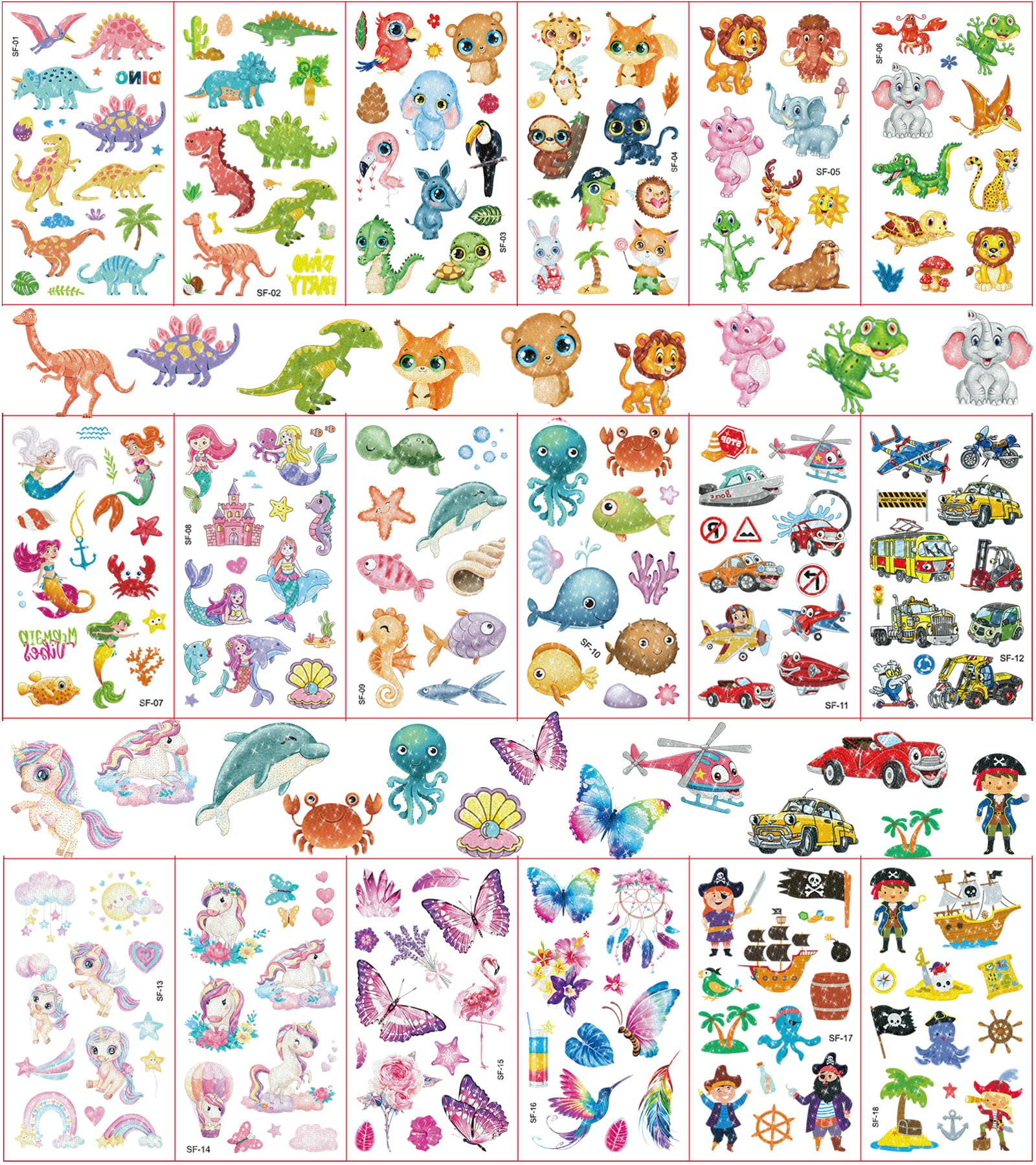 Meekye 220+ Purpurina de Tatuajes para Niños, Tatuajes Temporales Niños Niñas Tatoos Regalos Decor Fiesta Cumpleaños Infantil Colegio