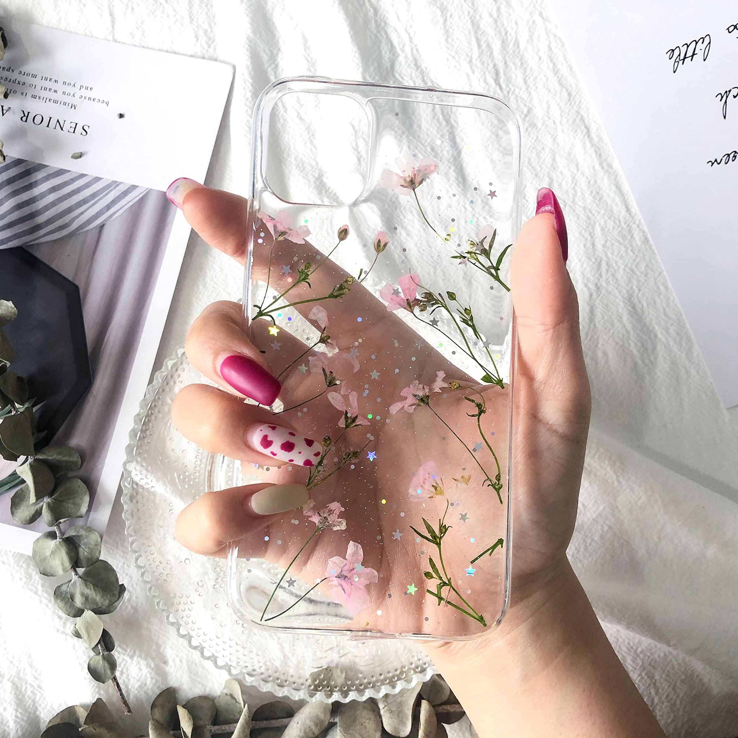 Tybiky Carcasa Para IPhone 12 Pro, Diseño De Flores Reales Brillantes, Transparente, Suave Y Flexible, Gel De Goma TPU Prensado, Diseño De Flores Inmortales, Color Rosa Narciso
