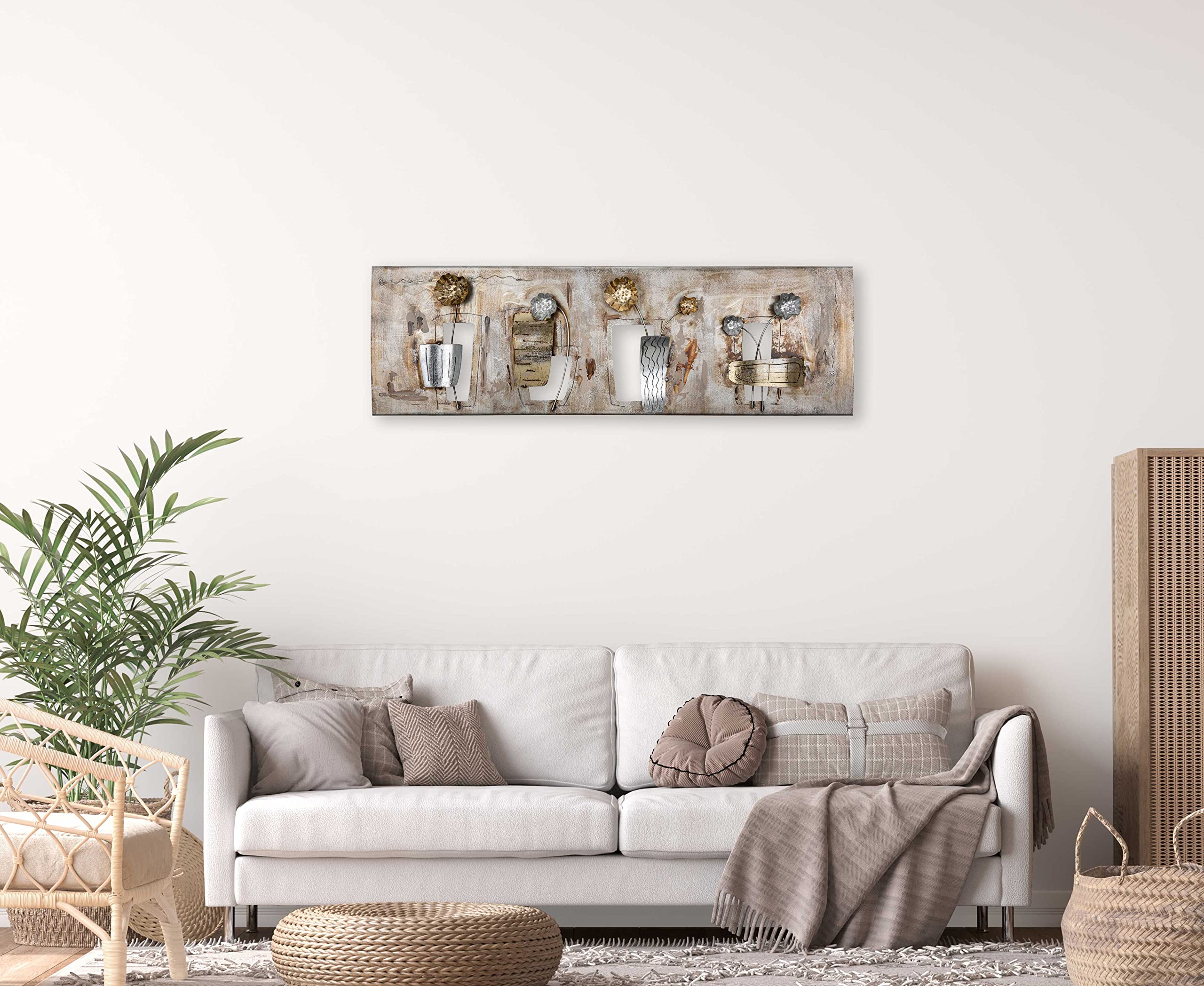 House of Arts | Metallbild 'Planteuse' | Moderne Wanddekoration mit Blumen | Wandbild 3D Wandrelief | Wanddeko Hergestellt in Handarbeit aus Metall | 120 x 40 cm | Bronze Silber Gold
