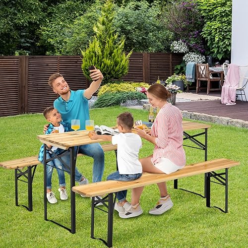 Miniatura 2 de Goplus Mesa de picnic plegable con bancos, mesa de jardín de cerveza portátil de 3 piezas de 70 pulgadas con marco de acero resistente, mesas de