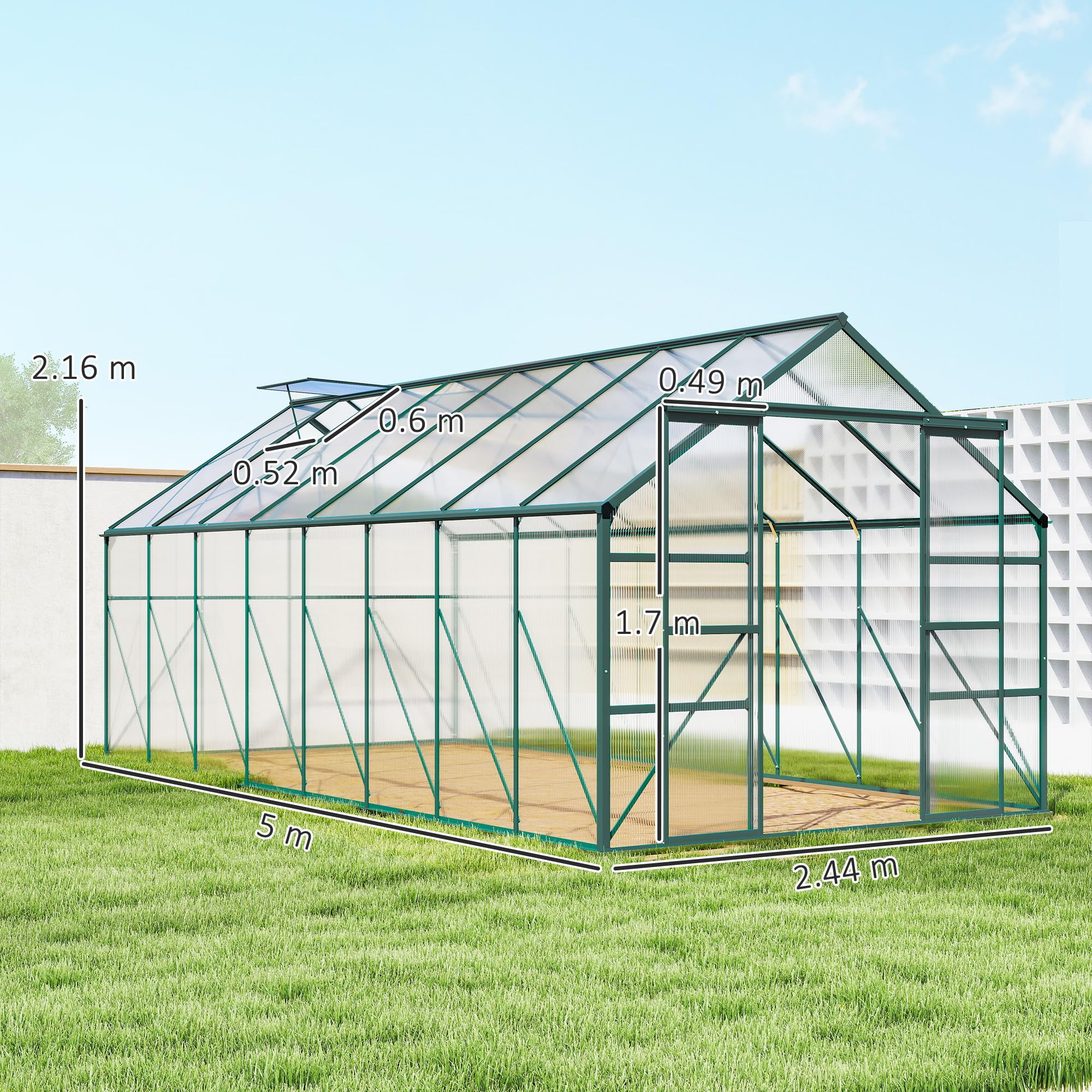 Outsunny Serra da Giardino in Policarbonato con Porta Scorrevole e Finestra Apribile, Serra per Piante in Alluminio, 244x500x216 cm, Verde