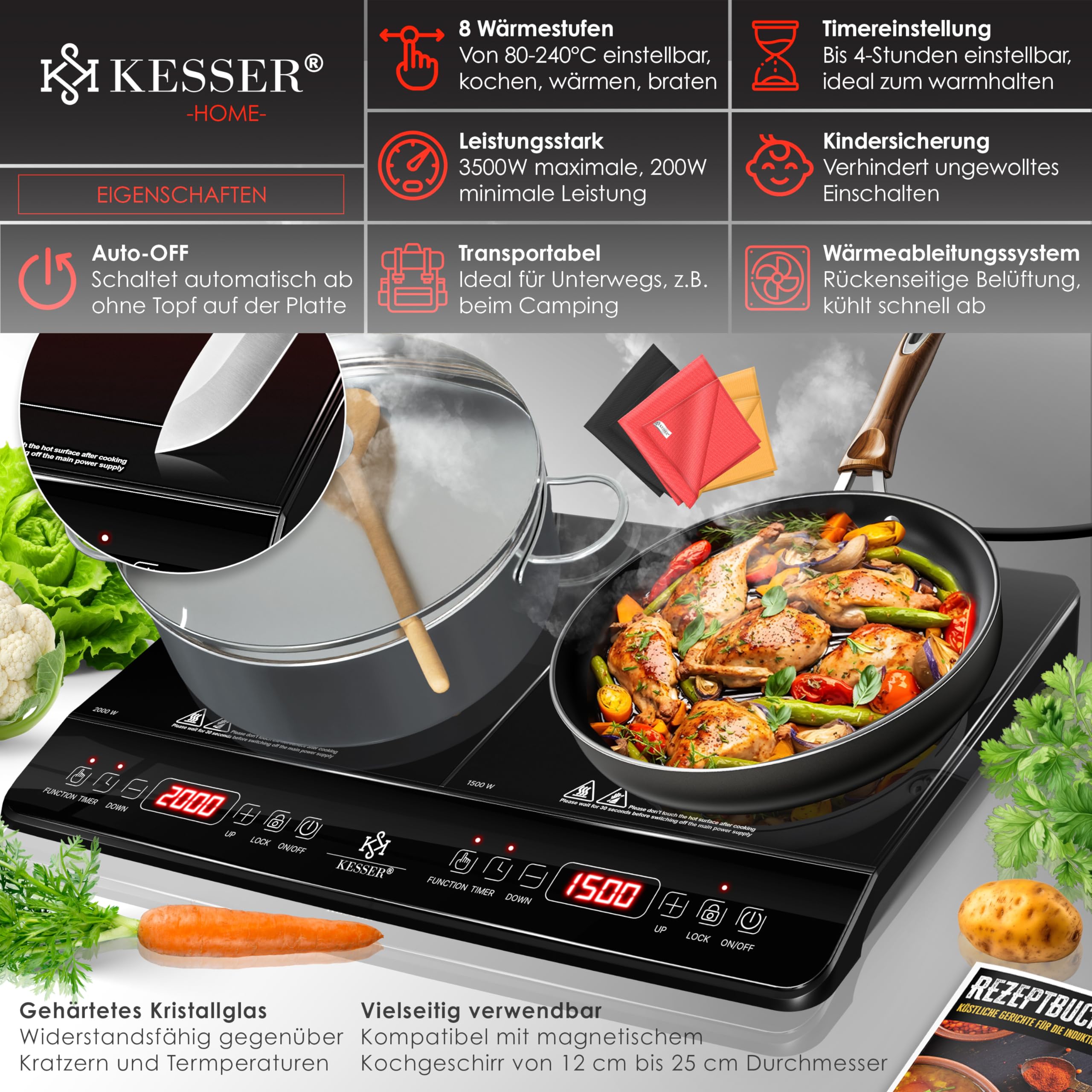 KESSER Plaque de cuisson à induction, 2 plaques, 3500 W, plaque de cuisson portable de 57 cm, 3 chiffons en microfibre + 1 livre de cuisine, 8 niveaux de chauffage, minuterie de 4 heures, contrôle