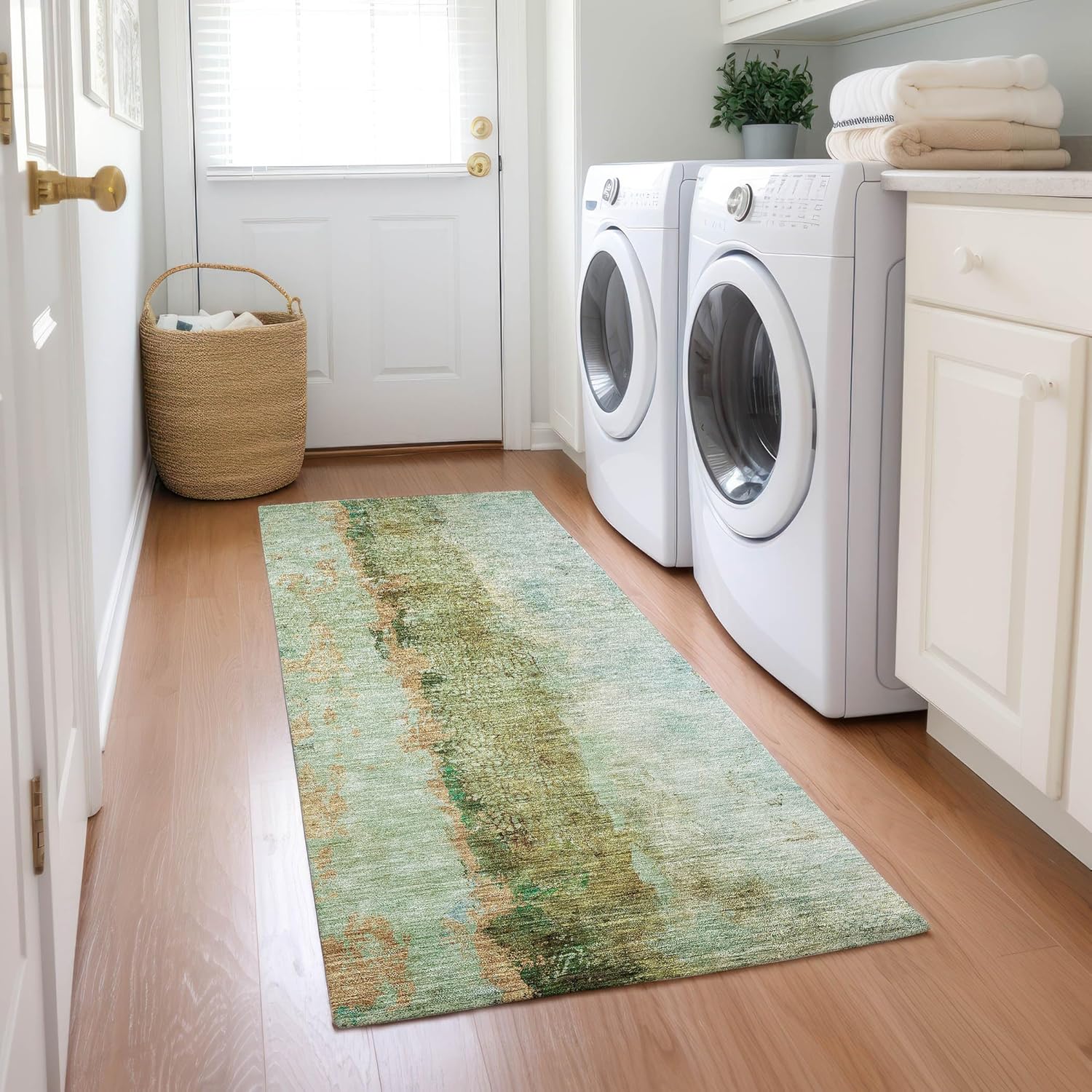 Addison Rugs Chantille ACN605 Green 2'3" x 7'6" Indoor Outdoor Hallway Runner Rug, Stain Resistant Washable Kitchen Area Carpet for Bathroom, Laundry and Bedroom Rug