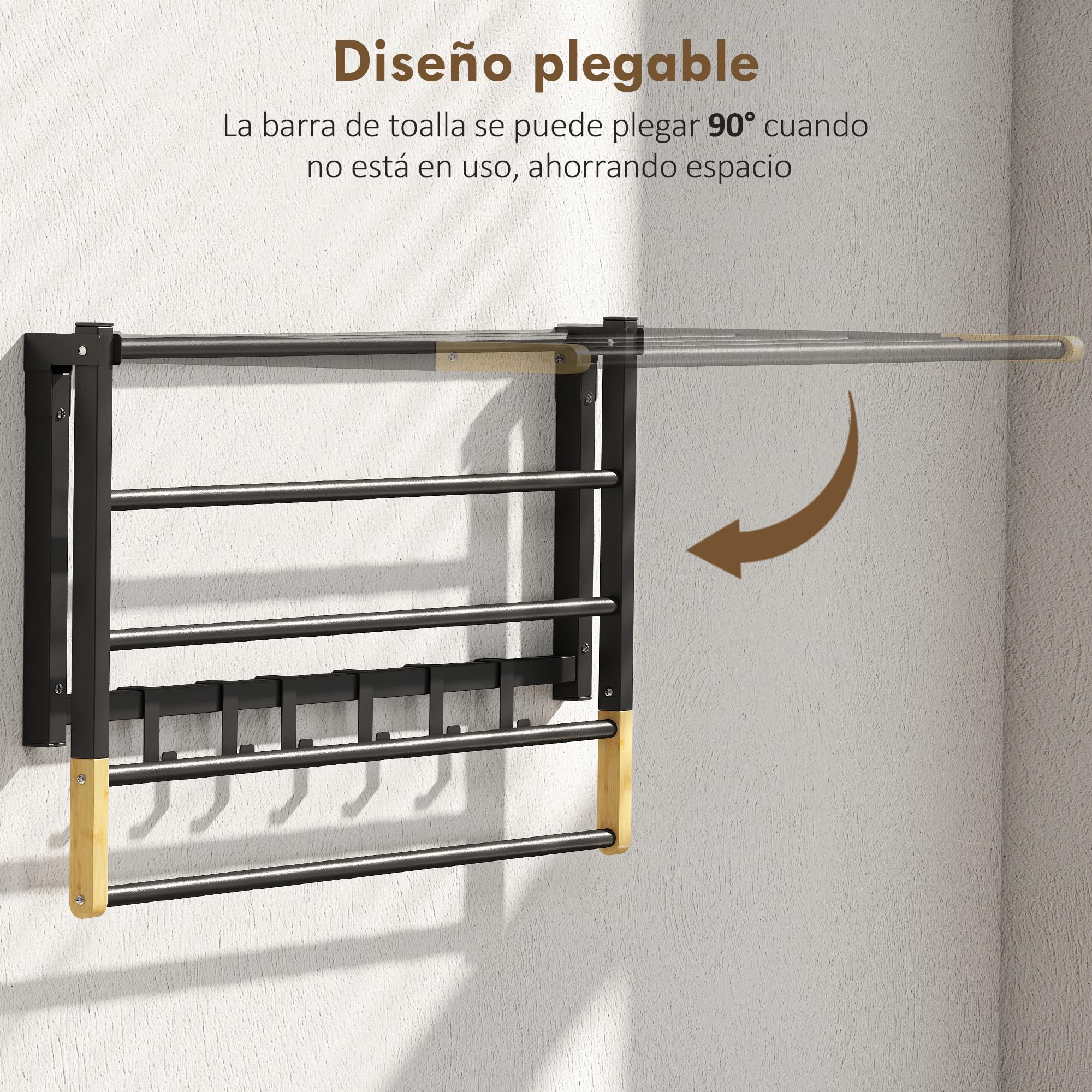 HOMCOM Portasciugamani a parete pieghevole 5 barre 60 cm Nero