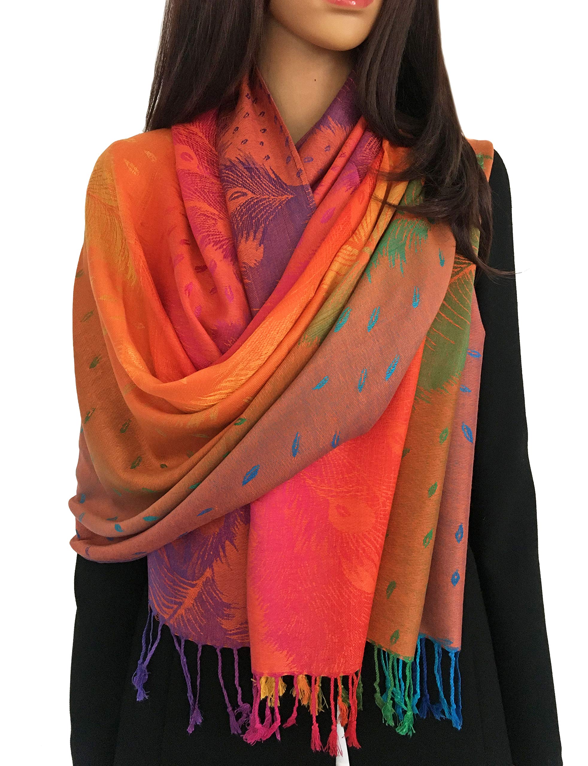 InStyle Bags Women's Large Multicolour Pashmina Shawl, Rainbow Coloured Pashmina Scarf, Multi Colour Paisley Pashmina Scarf (orange feather)