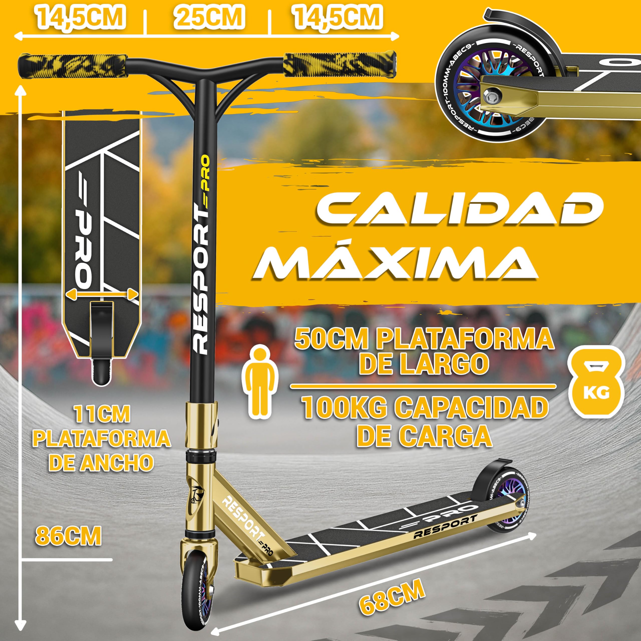 RE:SPORT Patinete de acrobacias Revo Pro para niños y adultos con soporte, patinete profesional de 110 mm, ruedas de poliuretano y barra en Y, patinete de acrobacias, patinete ABEC 9, rodamientos de — view 7
