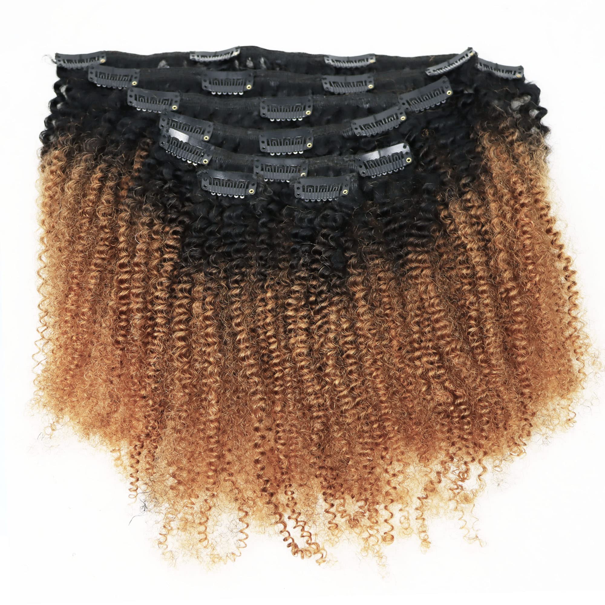 IXTUYLL Virgin Human Hair Clip In Extensions 4C Afro Kinky Curly Kinky Straight 120 Grams Clip Ins Hair Extensions Real Human Hair Curls (T(#1B/30)