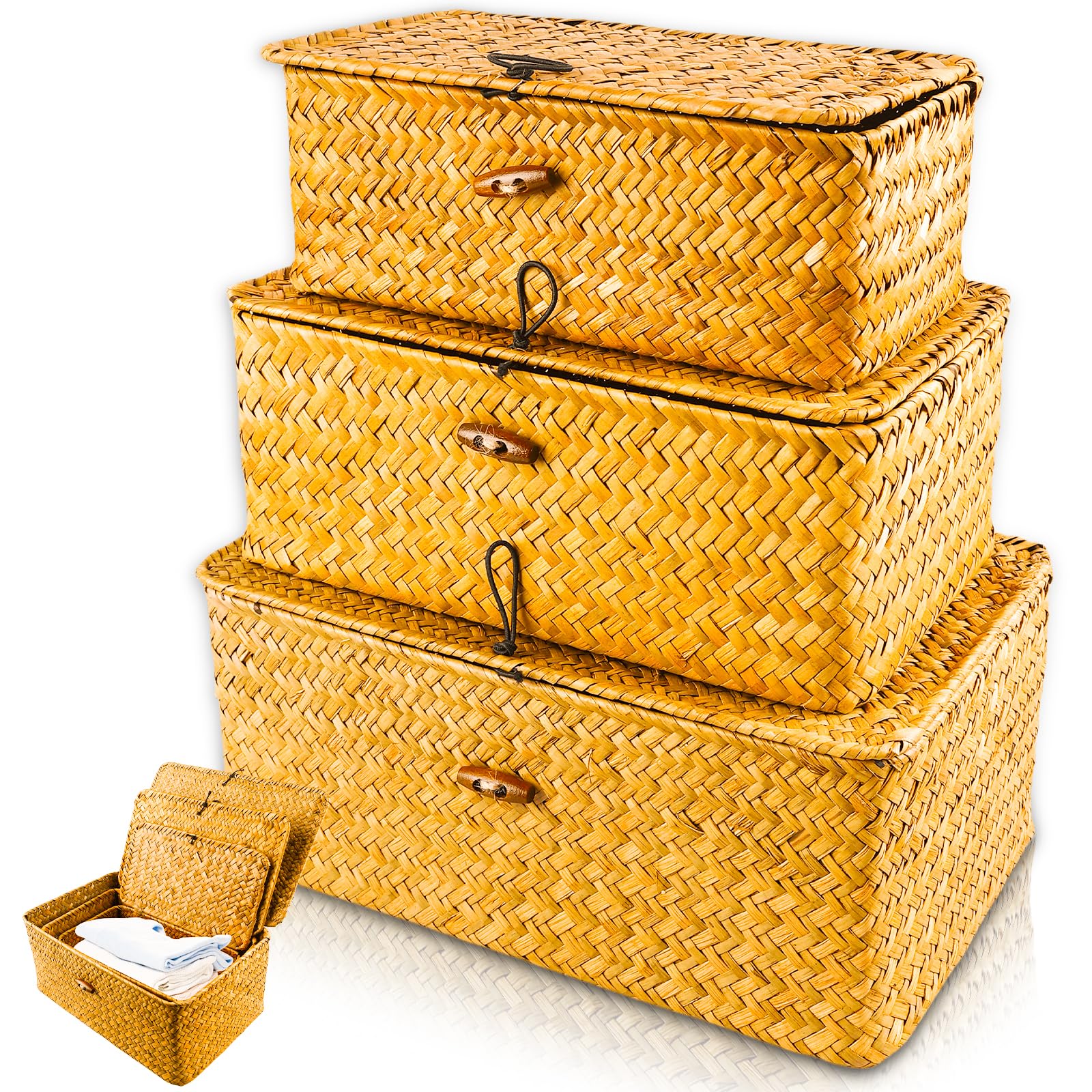 3 cestas de almacenamiento de ratán, cestas de almacenamiento con tapa, cesta de almacenamiento de ratán trenzado, rectangulares, de algas marinas naturales, para salón, baño y cocina