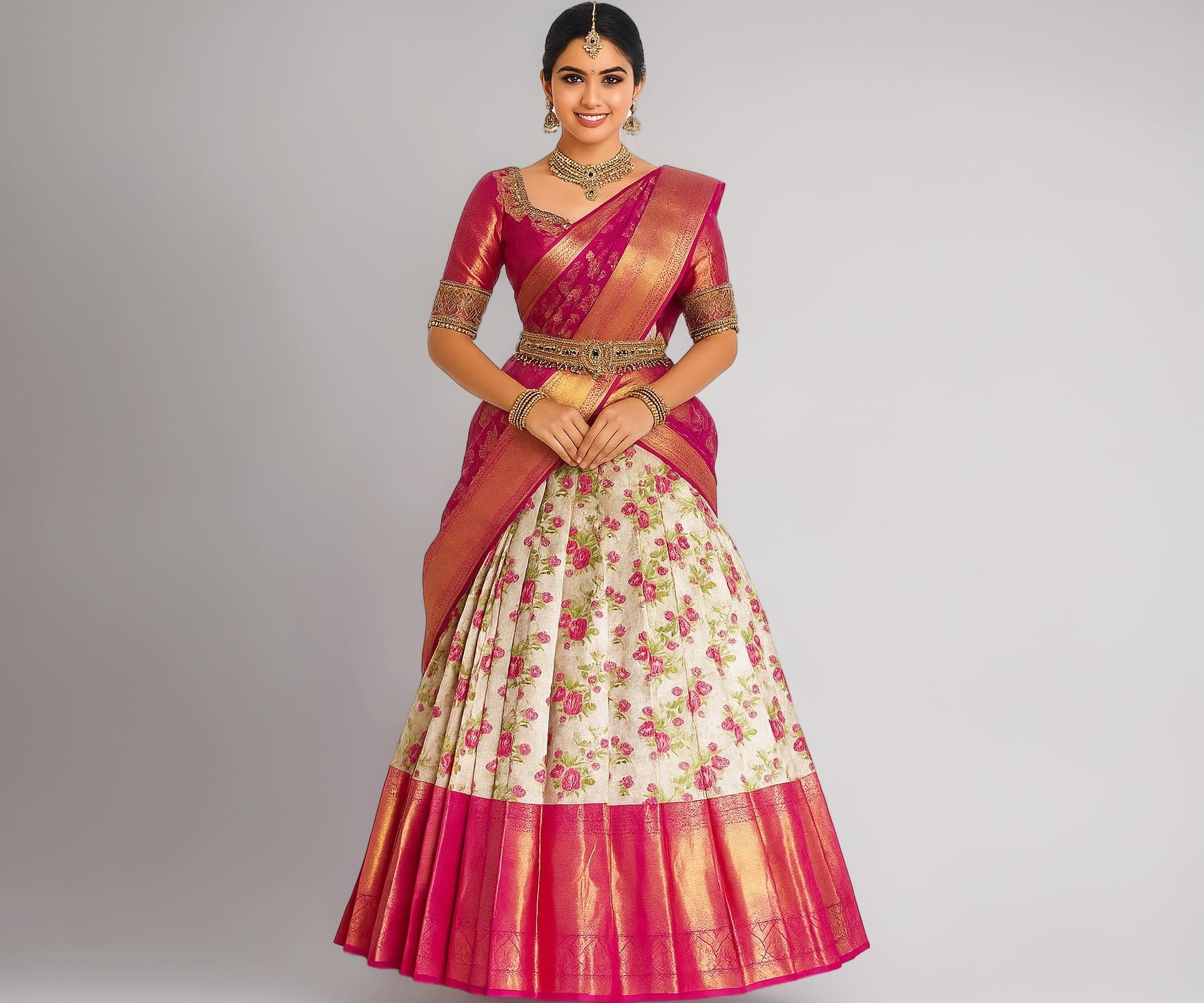 RENVAANI FASHION Women's Indian Traditional Unstitched Kanjivaram Silk Pure Weaving Lehenga Choli Along With Dupatta Attach With Unstitch Blouse Piece, Half Saree (HALF SAREE HT041 OW PINK FLOWER)
