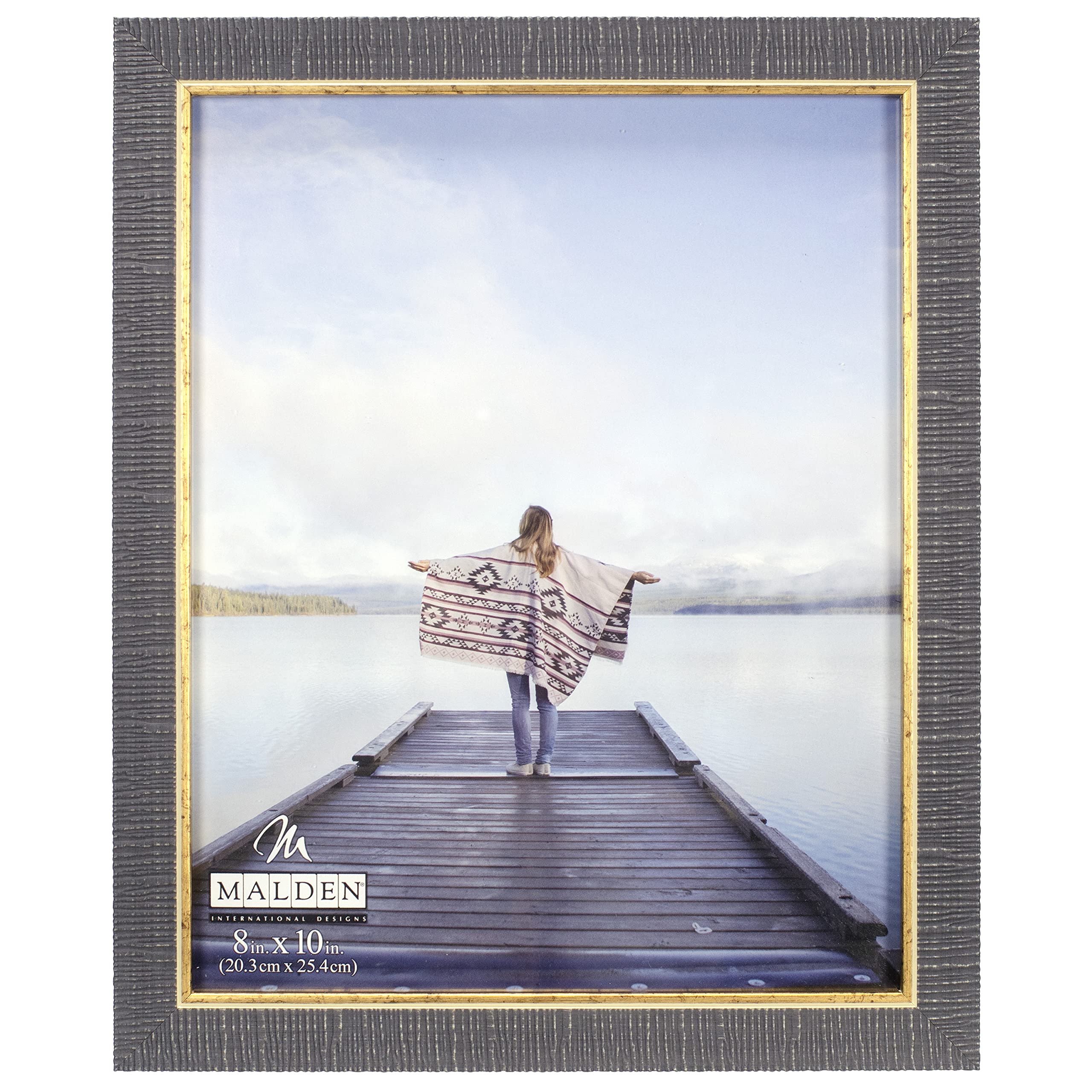 Malden International Designs 8x10 Rustic Charcoal Gray Picture Frame With Gold Accent