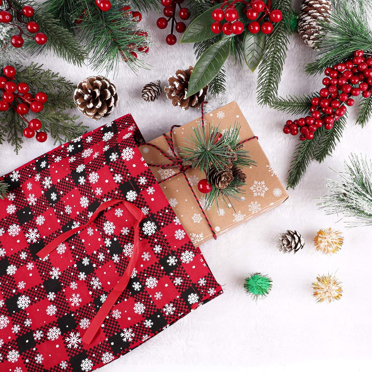 Aneco 6 Pack Christmas Buffalo Plaid Bags with Snowflake Pattern Holiday Cotton Present Bags Gift Wrapping Drawstring Bag Treat Bag for Christmas Party Favor Supplies