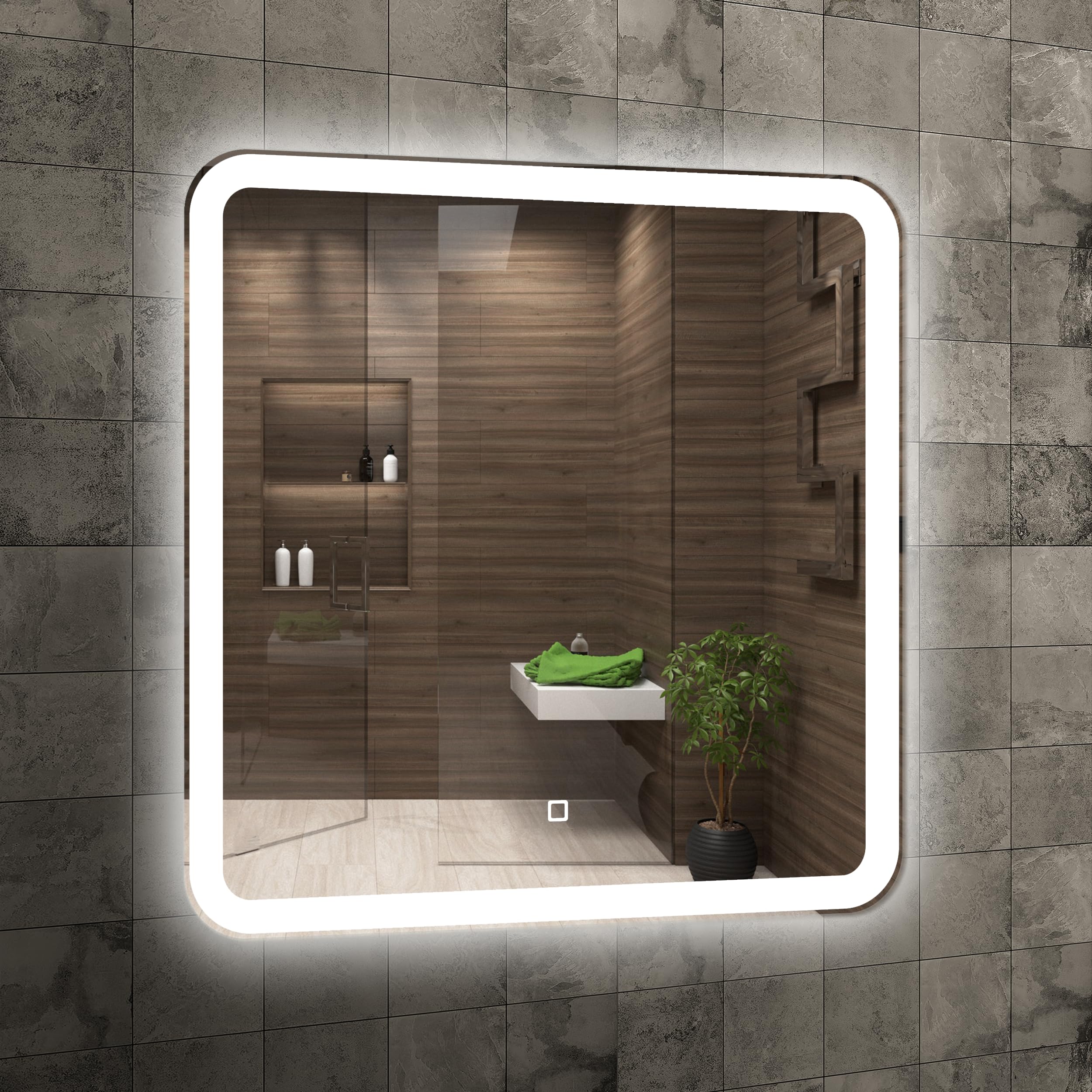 Home Glow Venti 60x60cm Espejo de Baño Cuadrado con Luces LED Espejo de Baño Iluminado Espejo de Tocador Esquinas Redondeadas Espejo de Baño Cuadrado LED con Luz LED Frontal en Blanco Natural