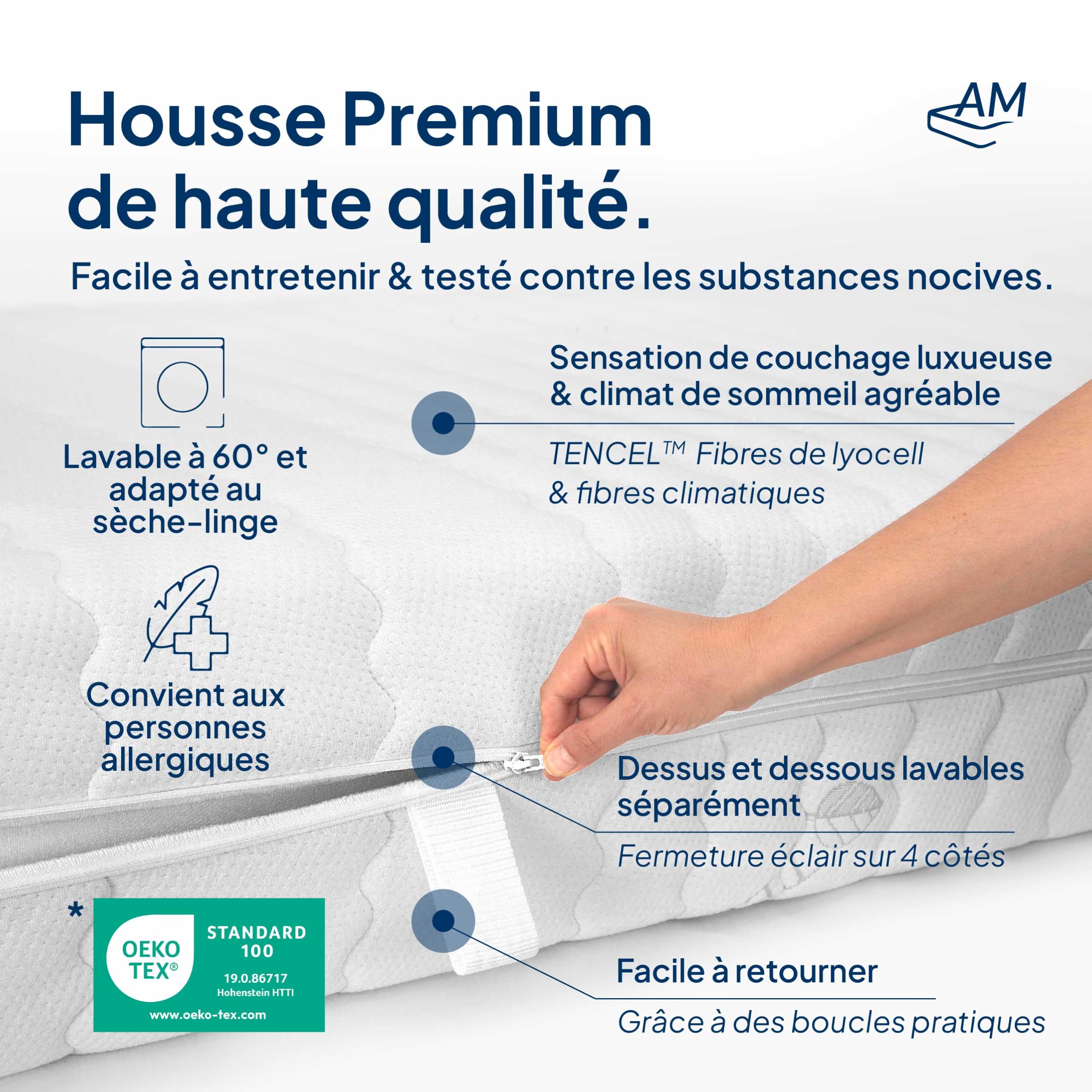 AM Qualitätsmatratzen AMQ Sleep Matelas 160x200 à Ressorts Ensachés - 1000 Ressorts, 7 Zones de Confort, Confort équilibré 24 cm - Fabriqué en Allemagne, Housse Lyocell Oeko-TEX - Matelas 2 Personnes