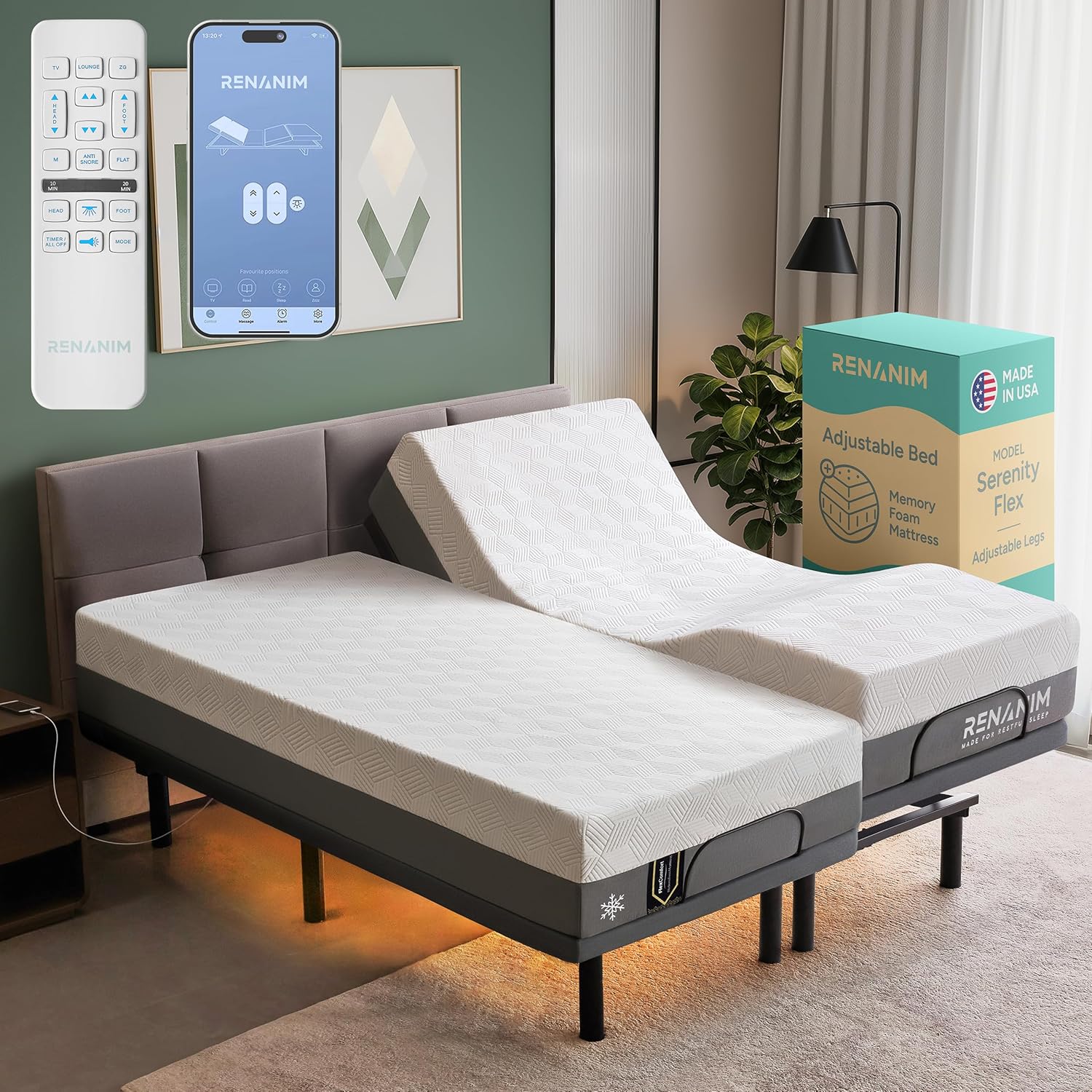 SF Split King Adjustable Bed Frame with Mattress - 12" Cooling Gel Memory Foam - Electric Massage - Zero Gravity - Wireless Remote for Head & Foot Incline - Underbed Night Lights & 4 USB Ports