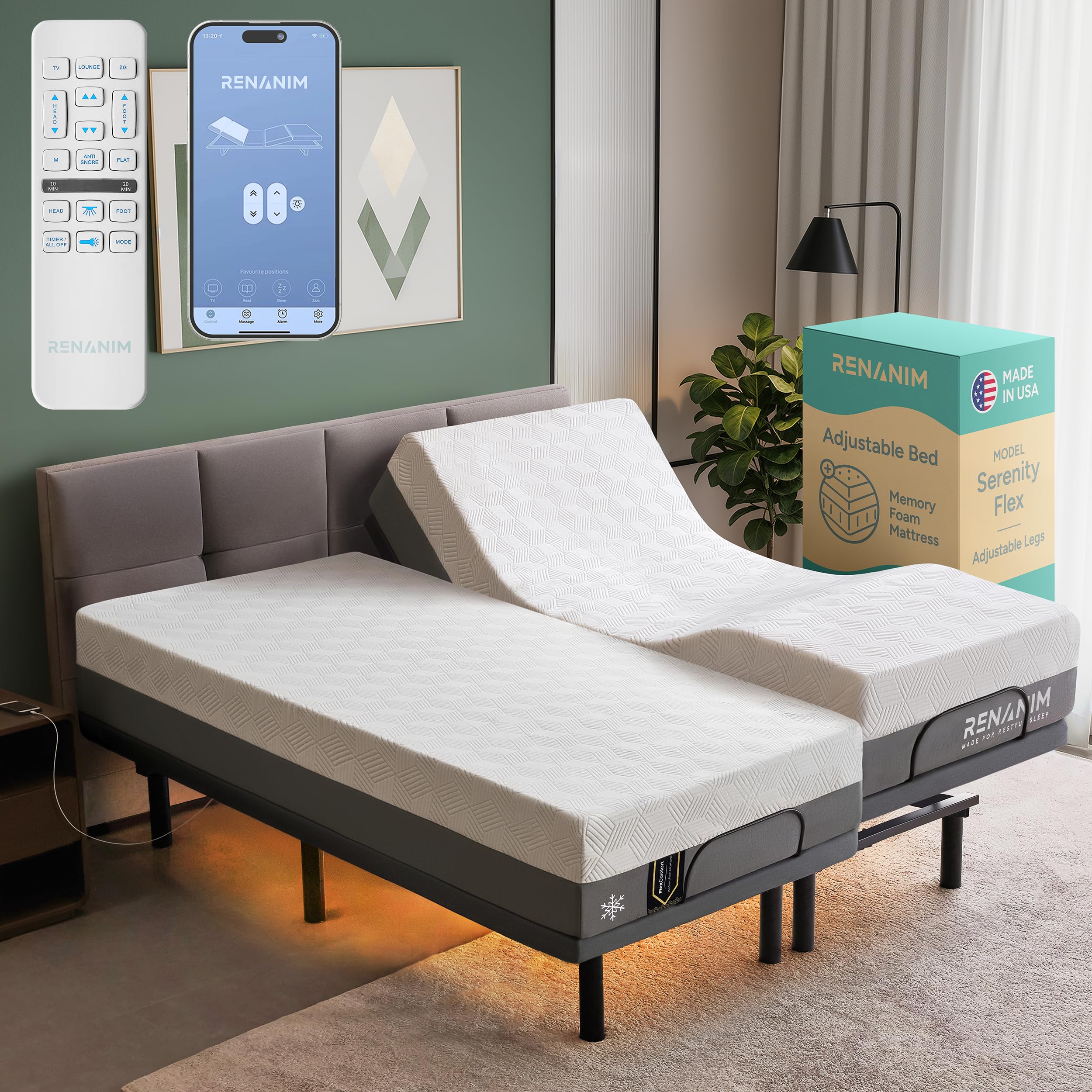 Renanim SF Adjustable Bed Frame with Mattress Included Massage -Split King Adjustable Bed + Medium Soft Mattress - Cooling Gel Memory Foam Mattres,