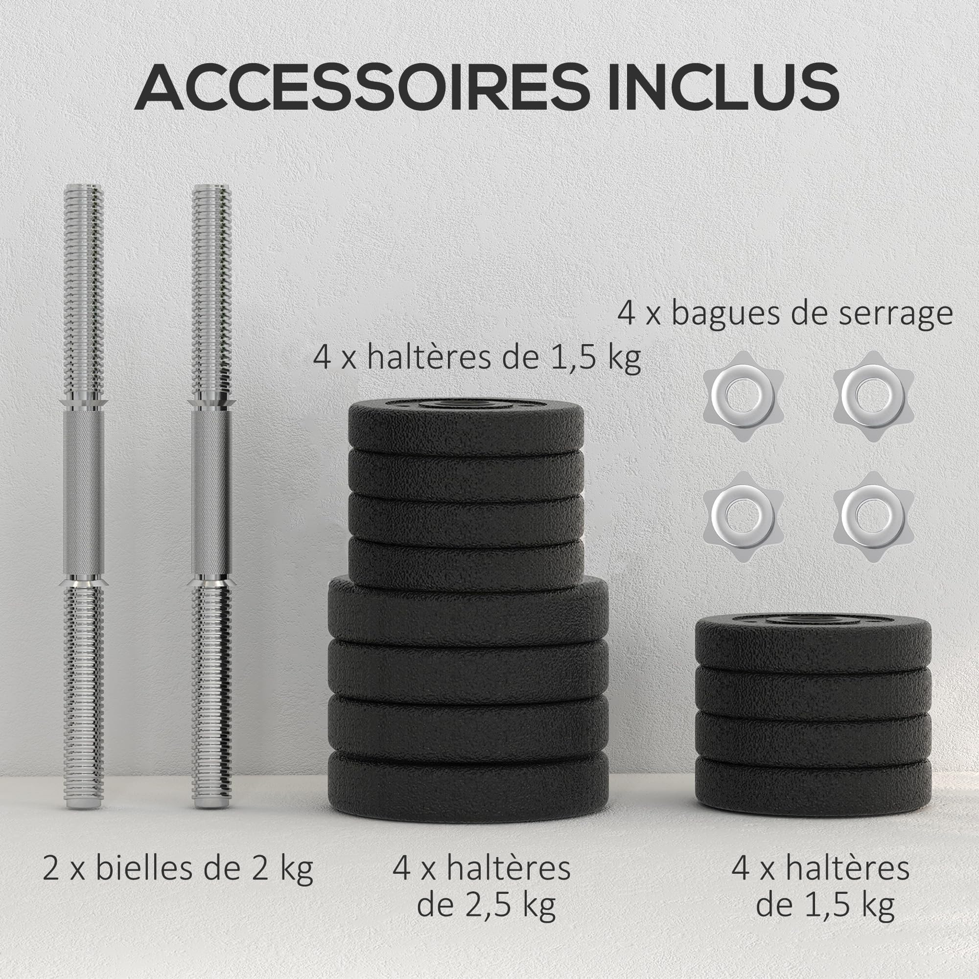 HOMCOM Ensemble d'haltères Courtes Total 25 kg, Poids Réglable Noir | Dumbbell Paires, 12 Plaques, Barres Incluses, Entraînement Musculaire & Haltérophilie, Acier Polyuréthane