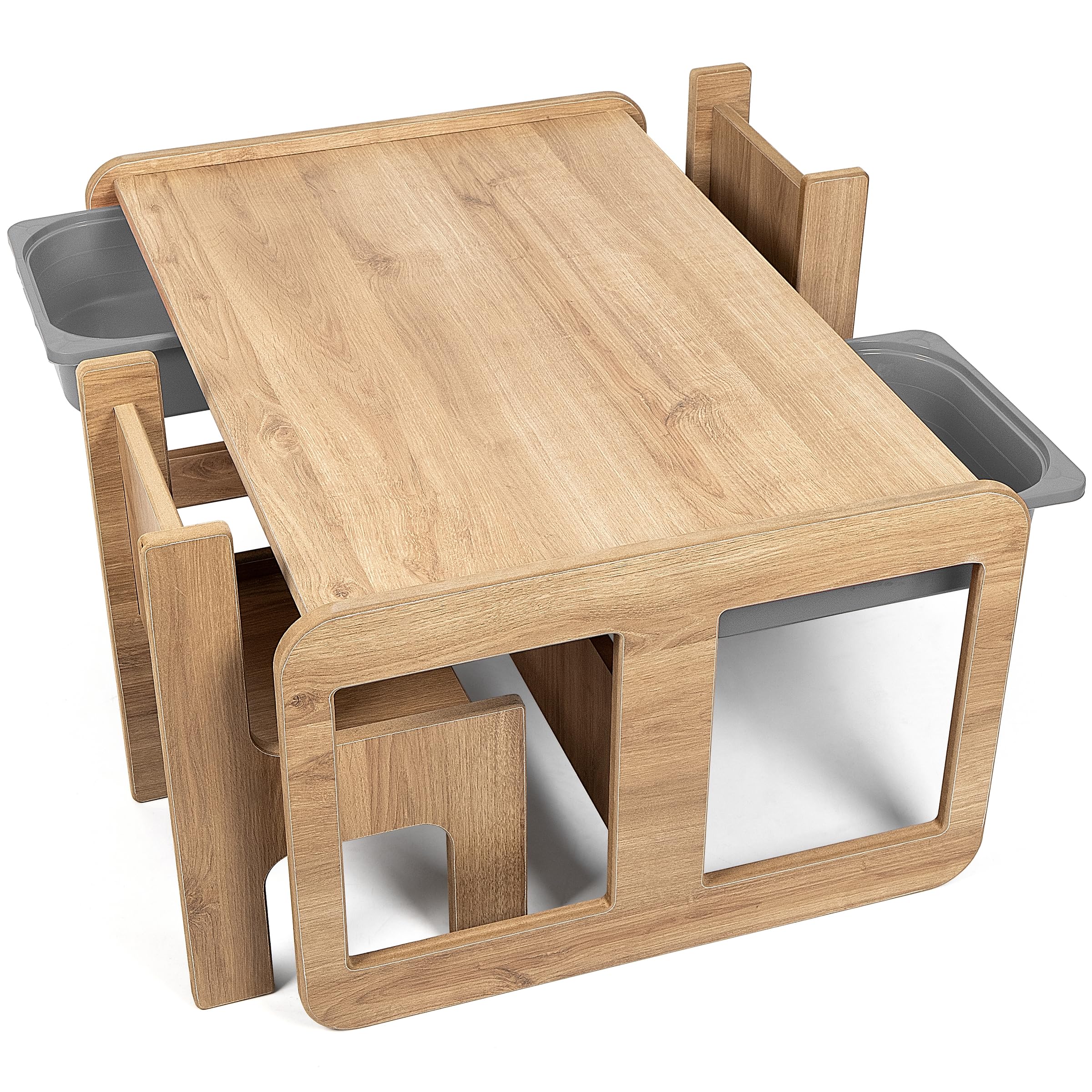 Industrial living Mesa para niños con 2 cajones grises - Escritorio infantil con 2 sillas - Mesa de juegos - Mesa de actividades - Mesa de dibujo - Madera - Nuez