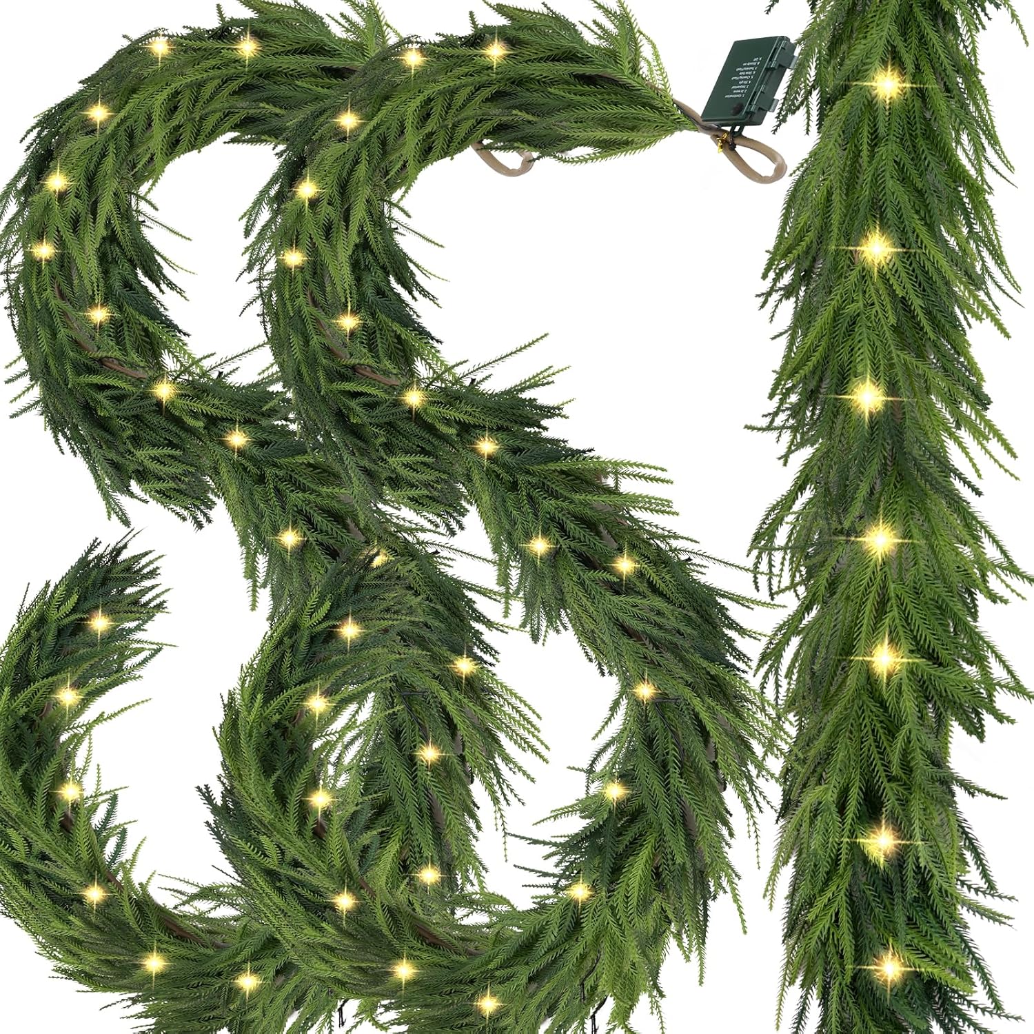 pre-lit christmas garland decorations 2 pcs,6 ft faux led norfolk pine garland artificial realistic, real touch greenery christmas pine garland mantle table front door indoor outdoor holiday decor norfolk garland 6 ft-2 pcs