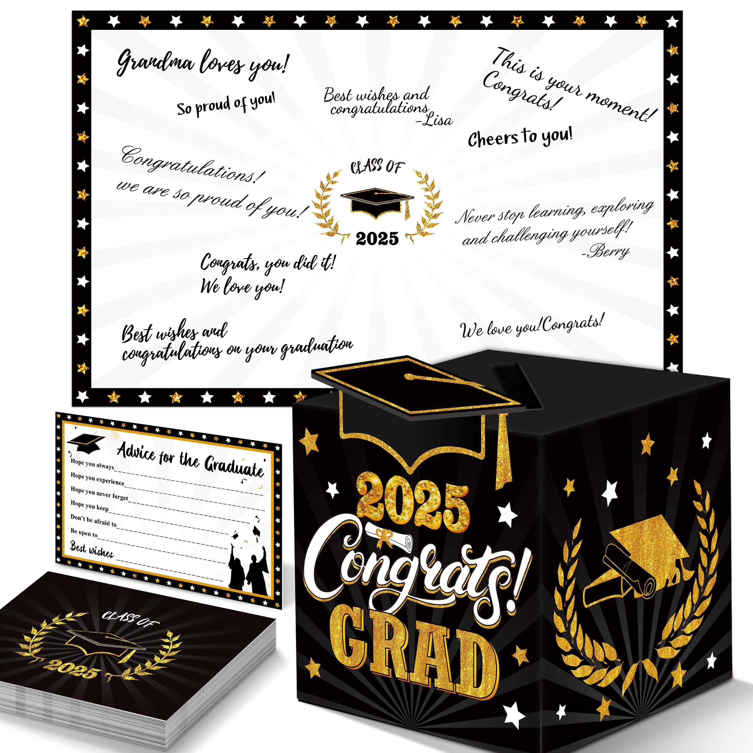 algpty Graduation Decorations Black and Gold 2025 - Guest Book Alternative, Graduation Cards Box with 36PCS Graduation Advice Cards, Signature Board Congrats Grad Decoration Graduation Supplies 2025