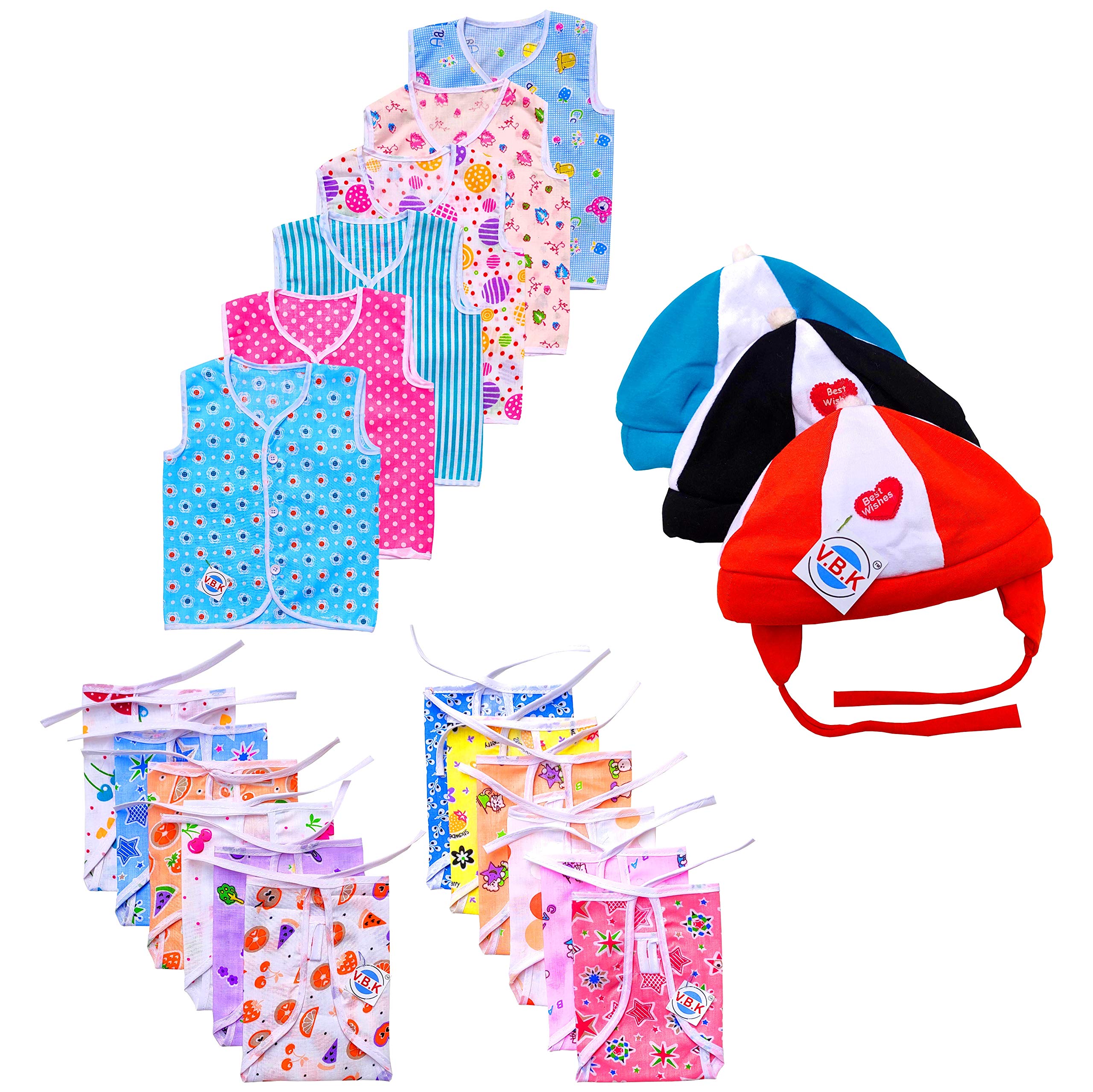 V.B.KBaby Boy and Baby Girl Home Essential Cloth Set Combo Pack 21 Items With Jhabla (6 Pcs), Nappy (Langot) (12 Pcs) and Cap (3 Pcs), Pure Cotton Soft Fabric, 0 to 6 Months