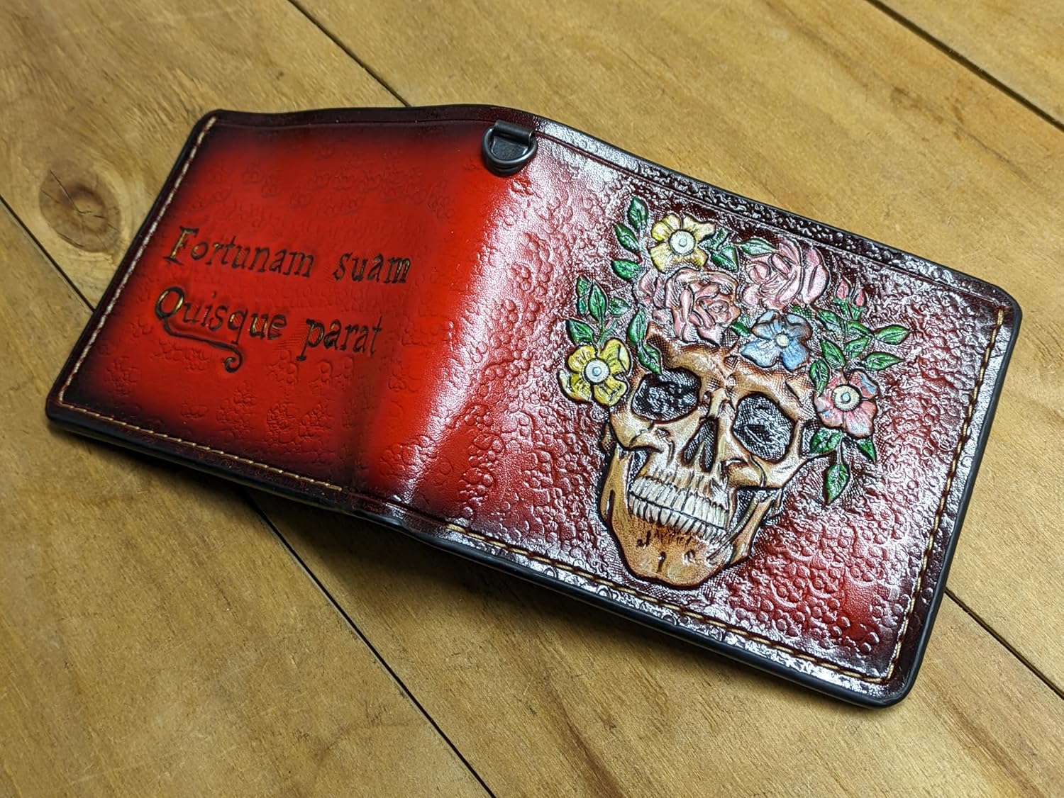 Skull, Flowers, Men's 3D Genuine Leather Wallet, Handmade wallet, Carved wallet, Tooled wallet, Airbrush Art, Biker wallet, Custom wallet, Personalized wallet