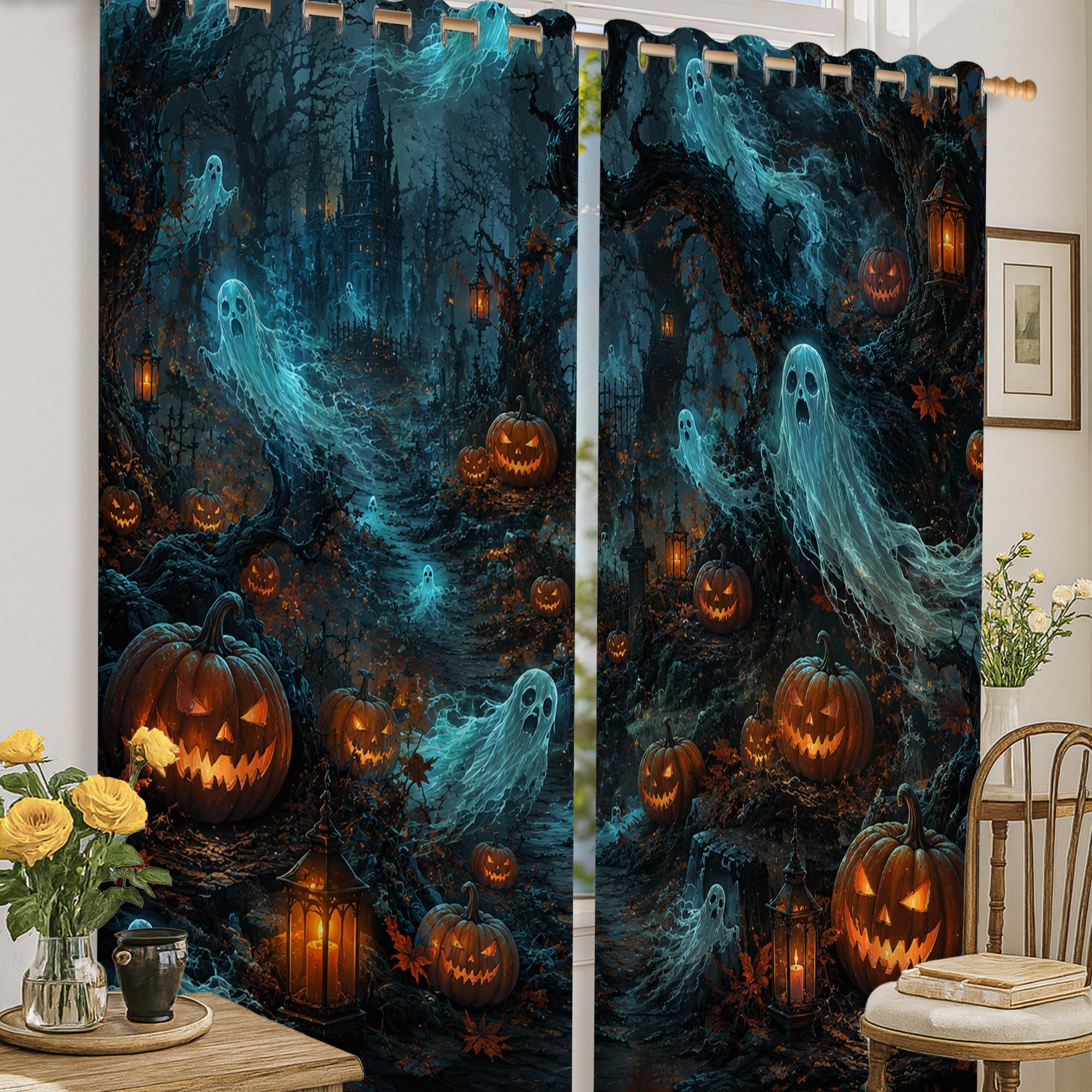 Rideaux occultants Halloween fantôme citrouille noir 132x160 cm