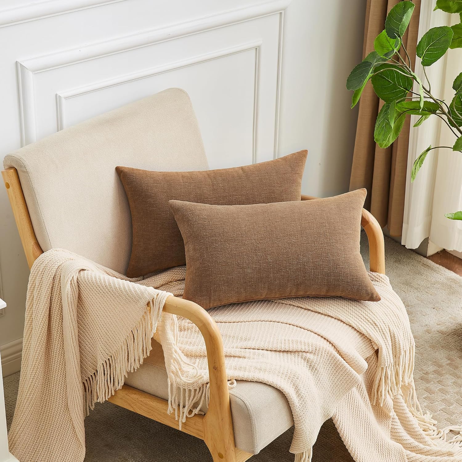 GAWAMAY Lumbar Decorative Throw Pillow Covers 12"x20" Inch Set of 2, Super Soft Chenille Rectangle Pillowcase for Living Room Bedroom Sofa Couch Cushion Support Pillow Cover 30x50cm Brown (No Insert) - Image 2