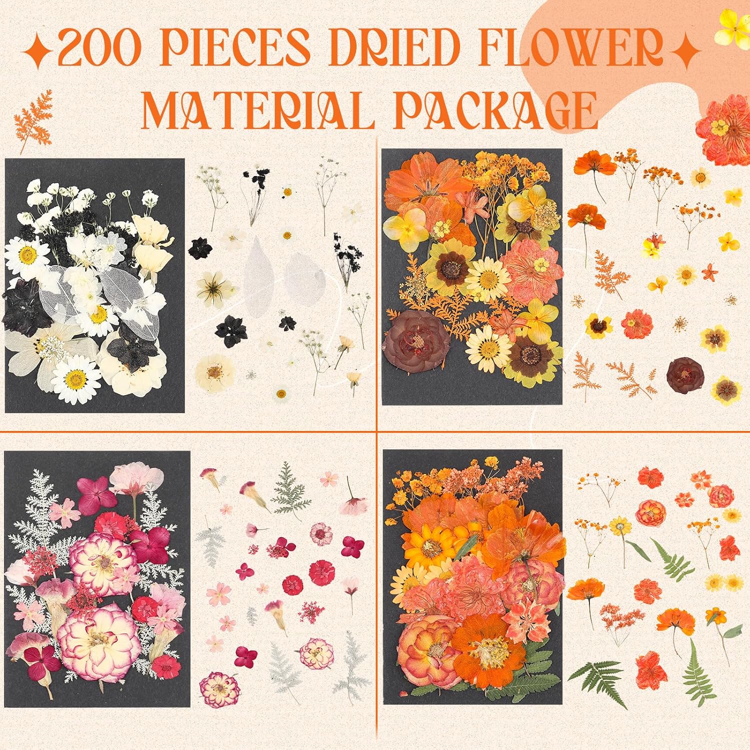 Nuanchu 200 Pcs Fall Dried Pressed Flowers Bulk Autumn Orange Natural Real Pressed Flowers Leaves for Resin DIY Crafts Art Jewelry Making Floral Decors
