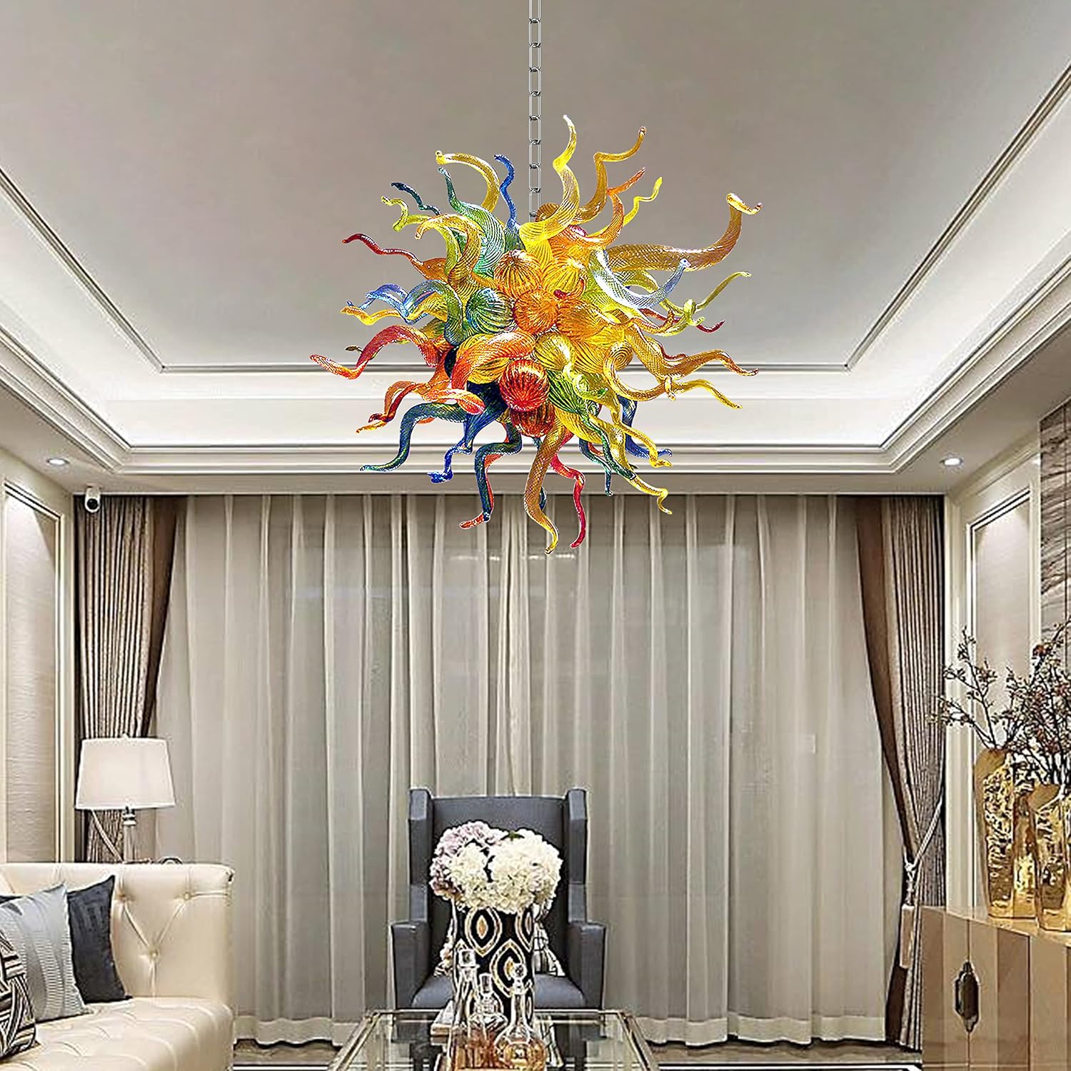 BLOWN Hand Glass Chandelier Modern Luxury Colorful Glass Chandelier Ceiling Hanging Pendant Light Chandeliers for Dinning Room Living Room Staircase Bedroom Kitchen 28" Dia x 28" H